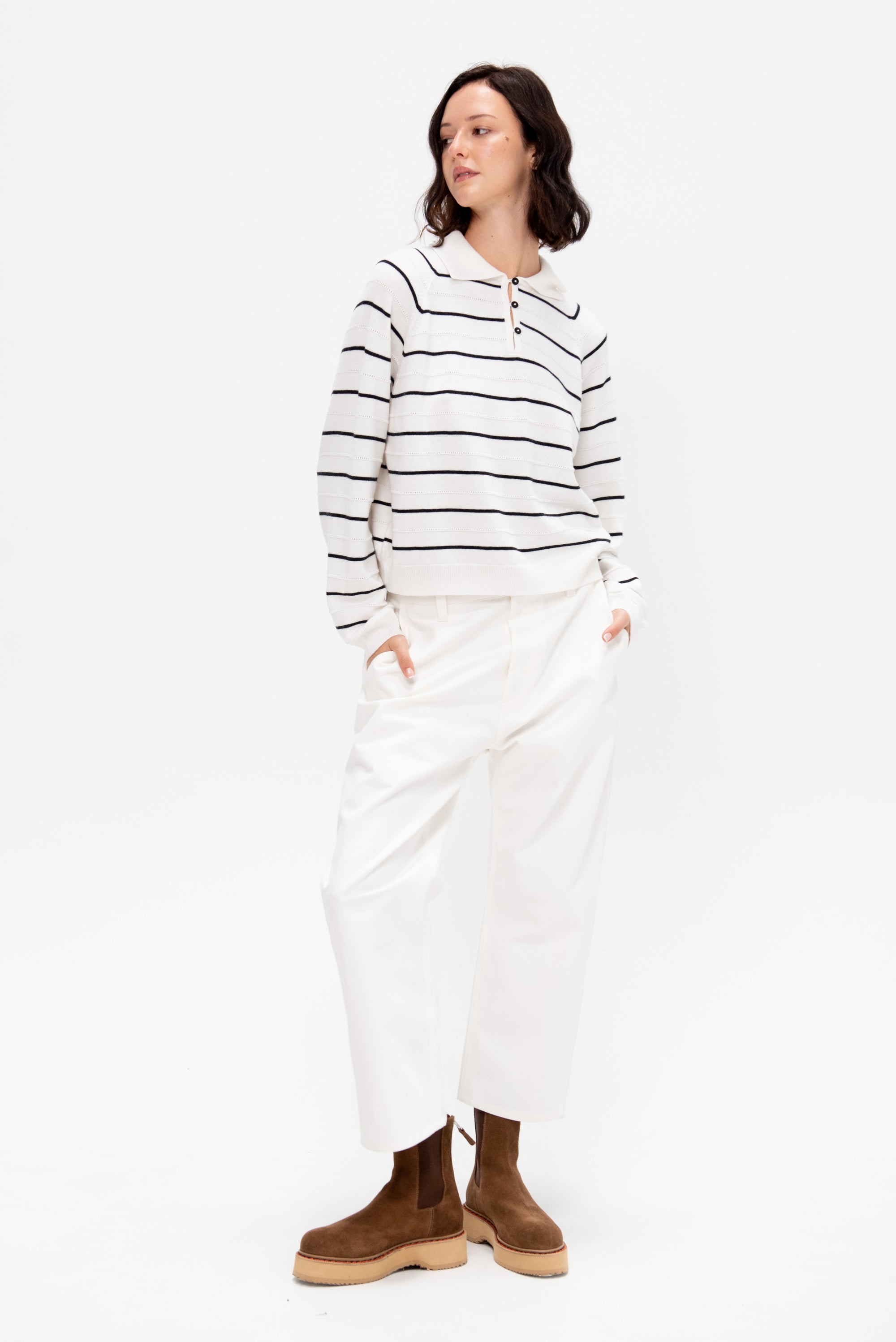 Merino Wool Striped Polo, White