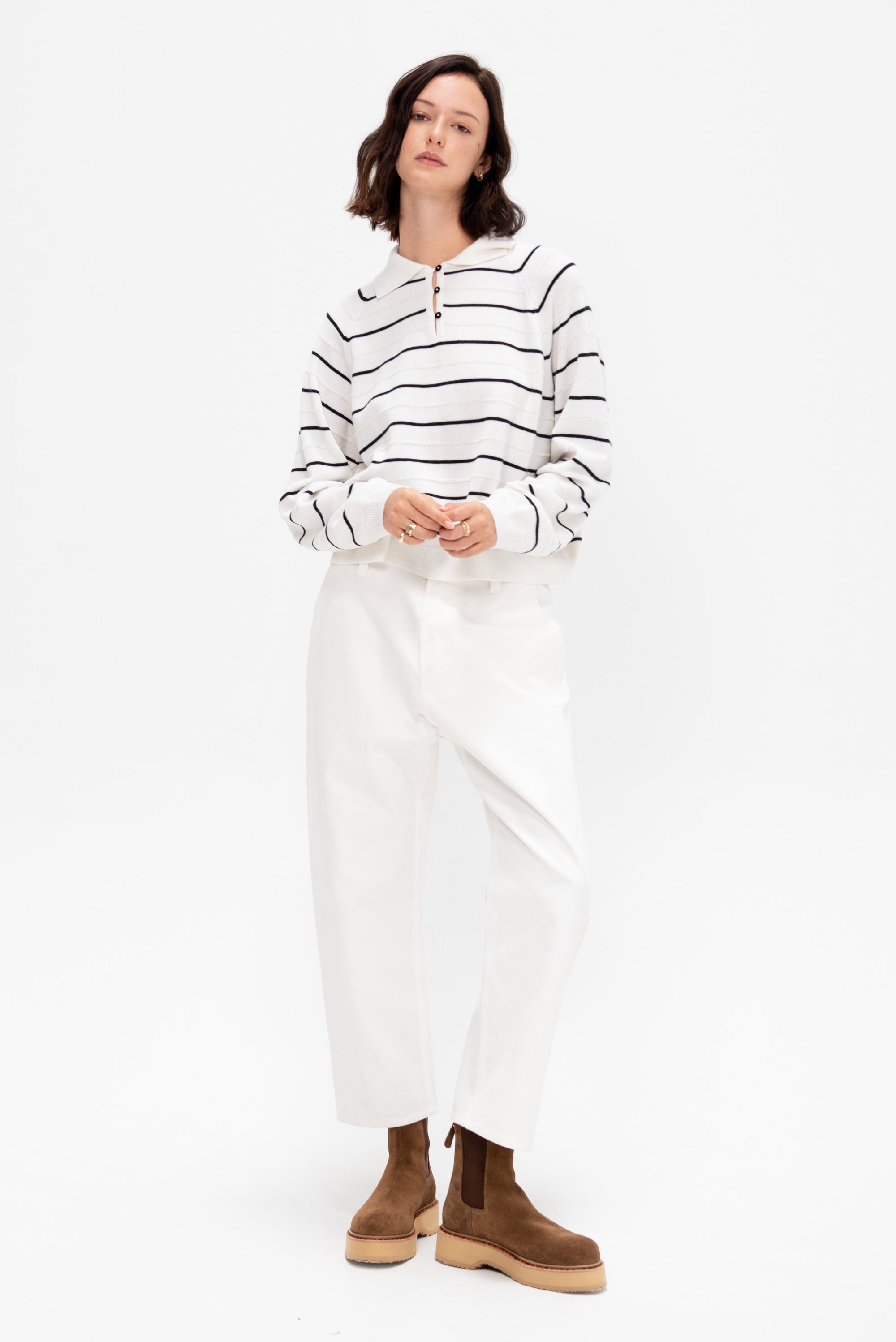 Merino Wool Striped Polo, White