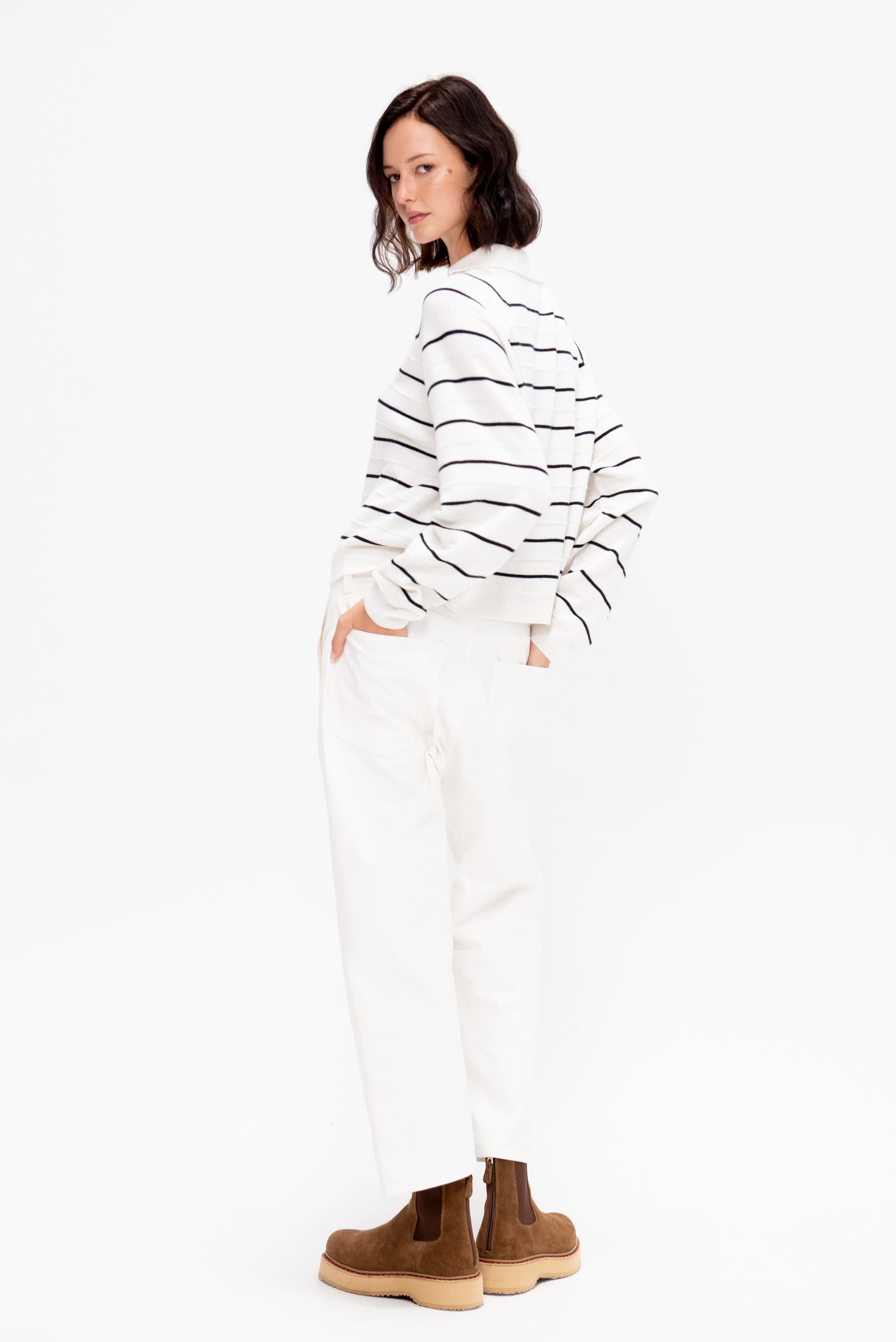 Merino Wool Striped Polo, White
