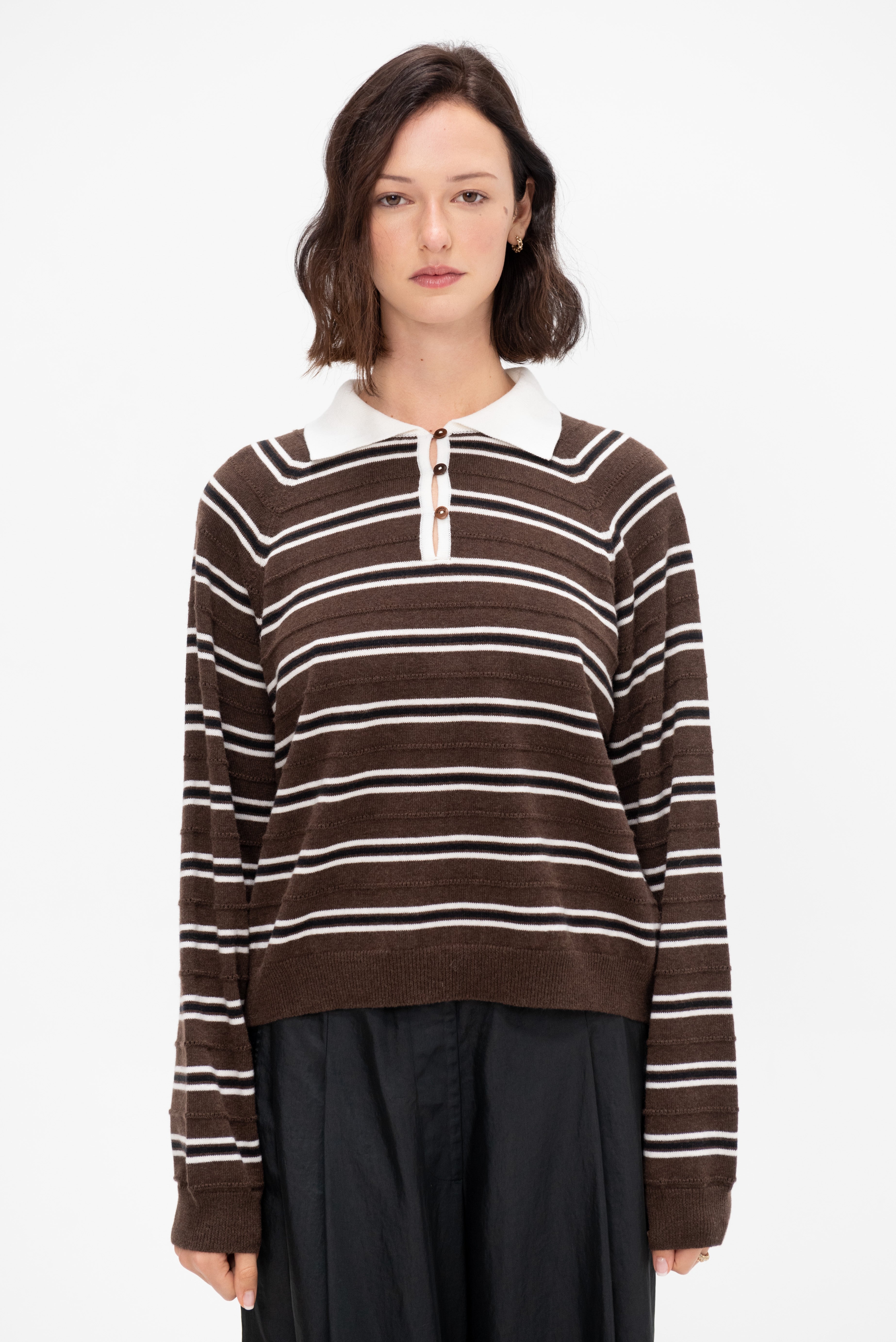 トップス CORDERA MERINO WOOL STRIPED POLO Cordera Merino Wool Striped Polo, Brown – Kick Pleat