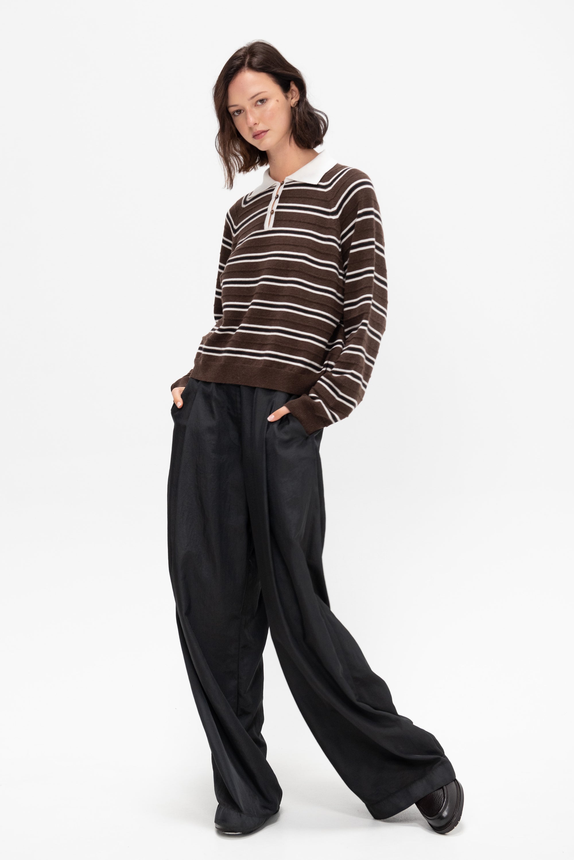 Merino Wool Striped Polo, Brown