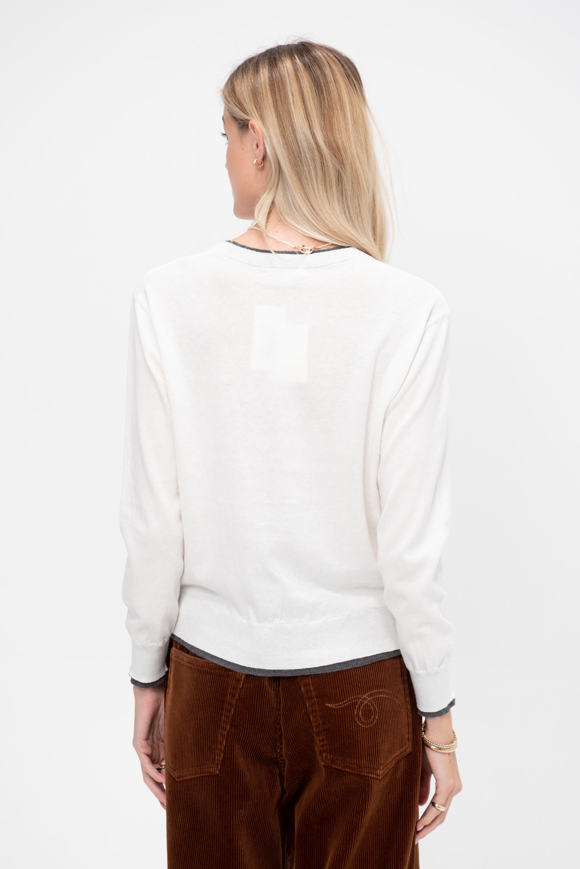 Camden Cotton Cashmere Sweater, Off White &amp; Dark Heather Grey
