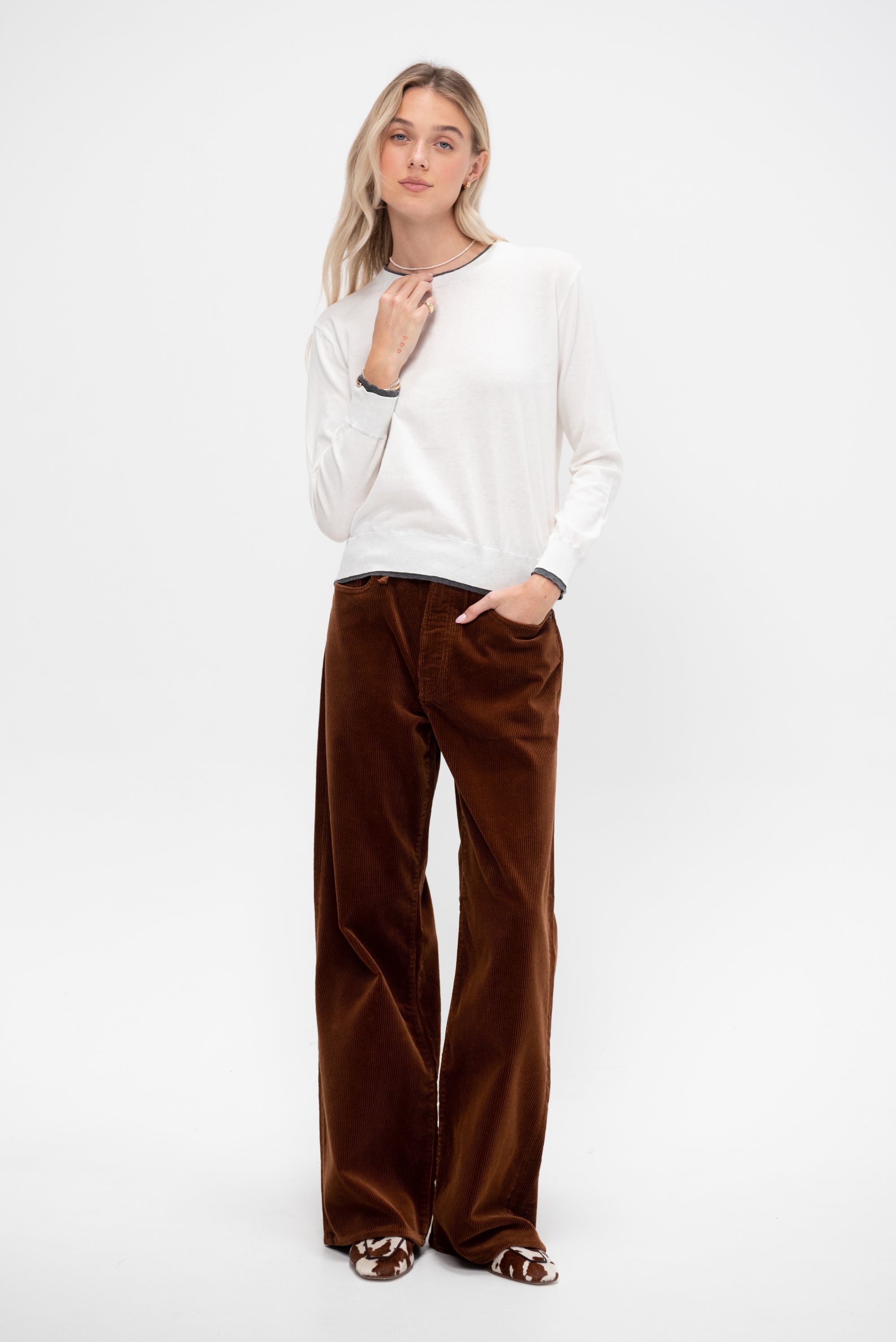 Camden Cotton Cashmere Sweater, Off White &amp; Dark Heather Grey