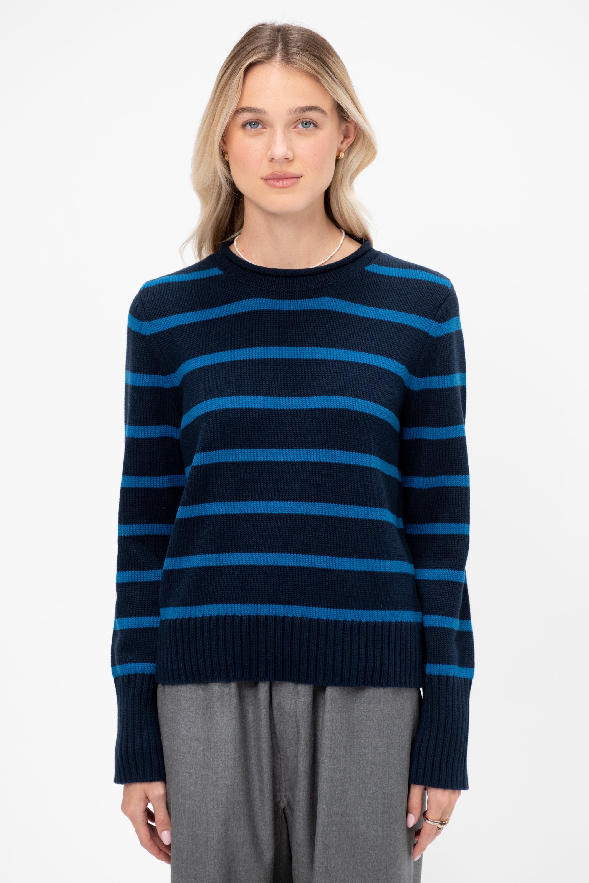 Quinn Stripe Cotton Sweater, Navy &amp; Peacock