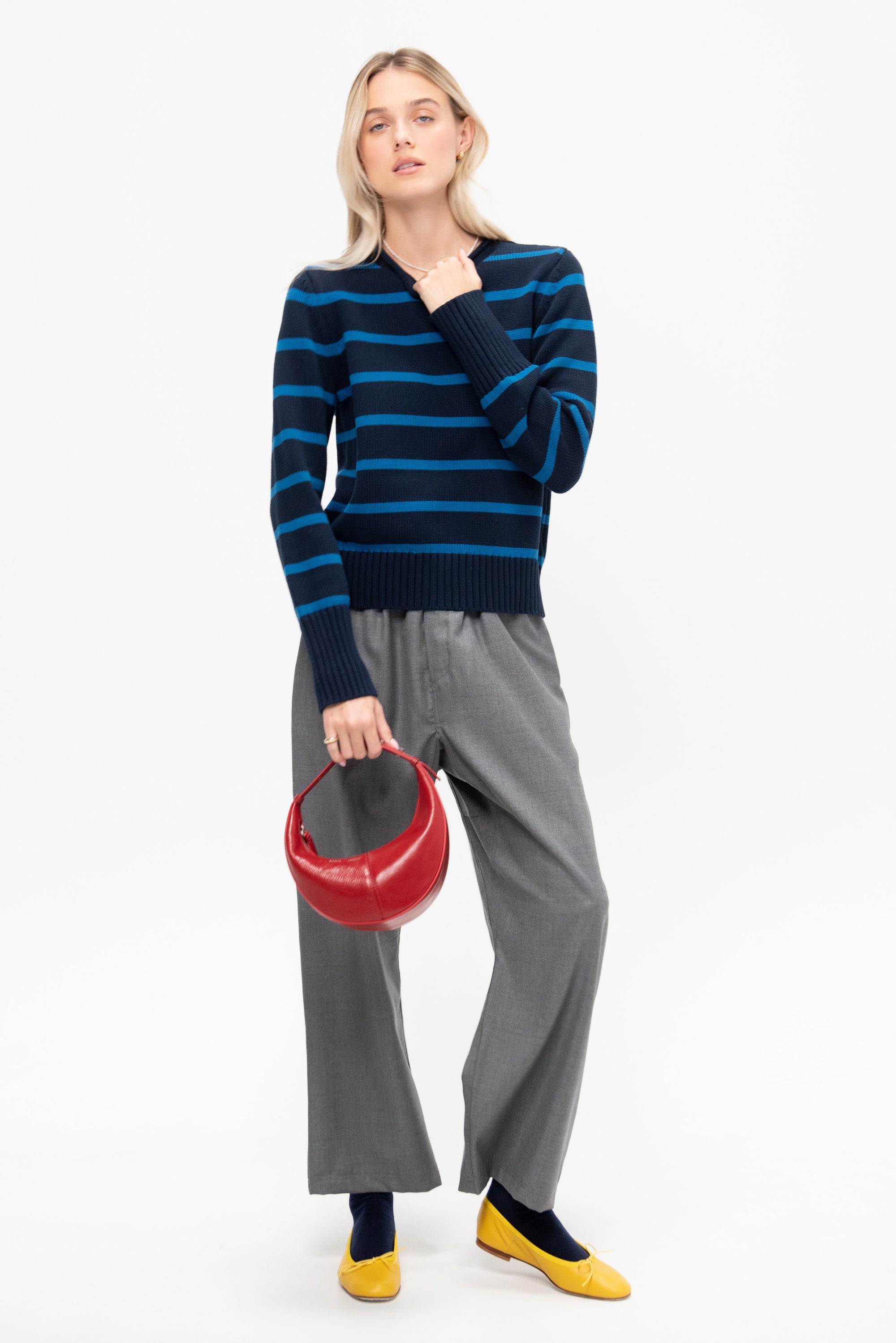 Quinn Stripe Cotton Sweater, Navy &amp; Peacock