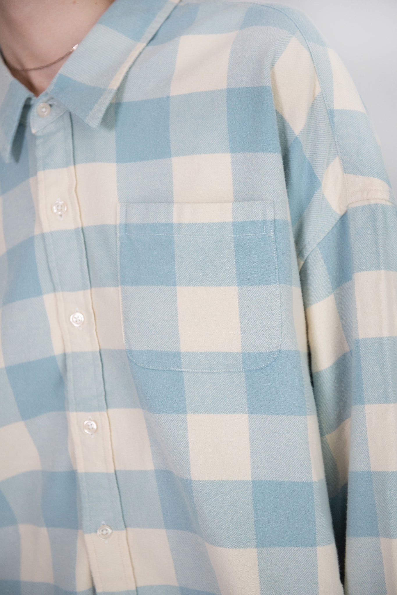 DENIMIST - Cropped Button Front Shirt, Light Blue & Ecru Buffalo