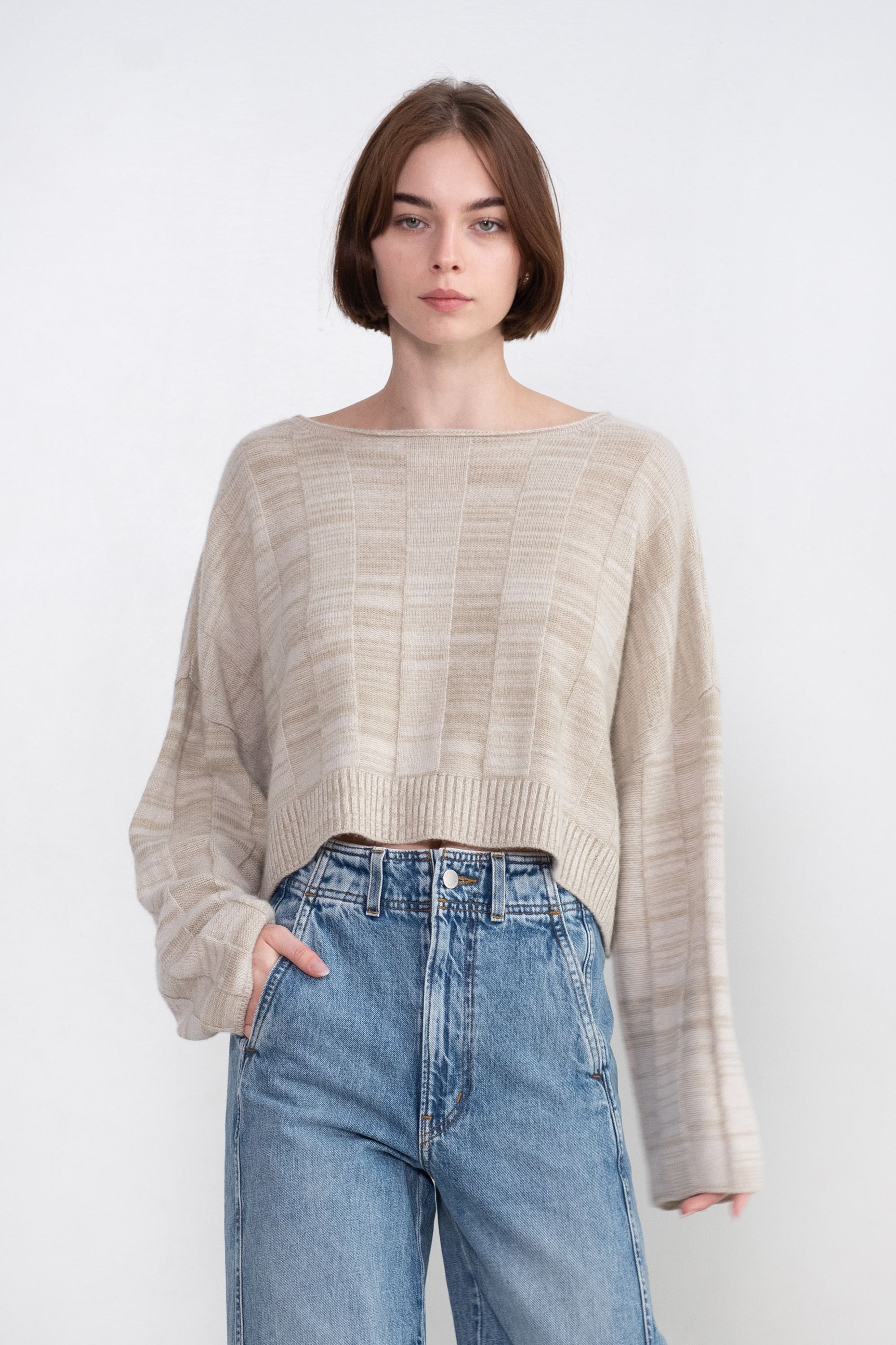 CROPPED RIBBED SWEATER, ALMOND