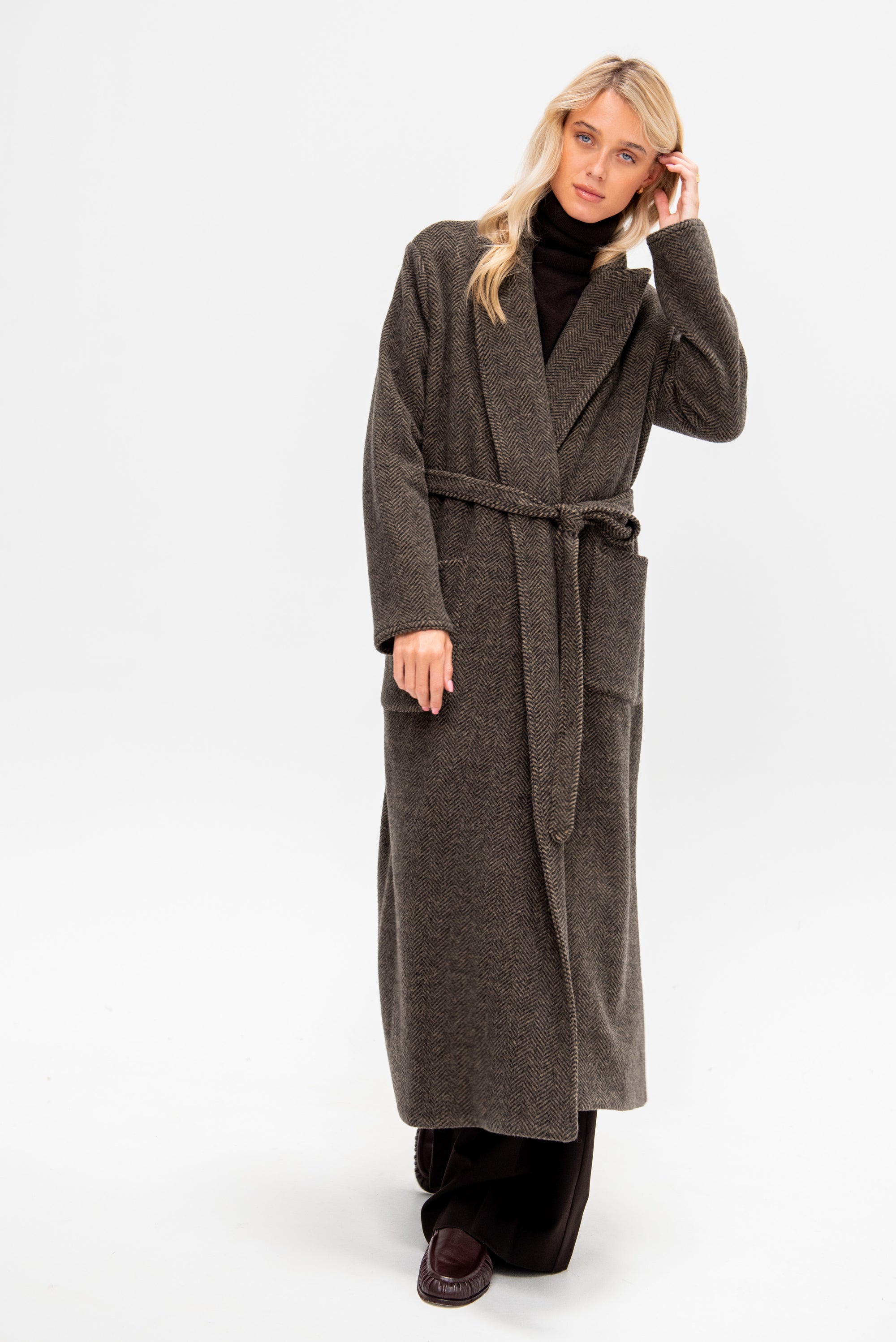 Long Coat with Patch Pocket, Herringbone