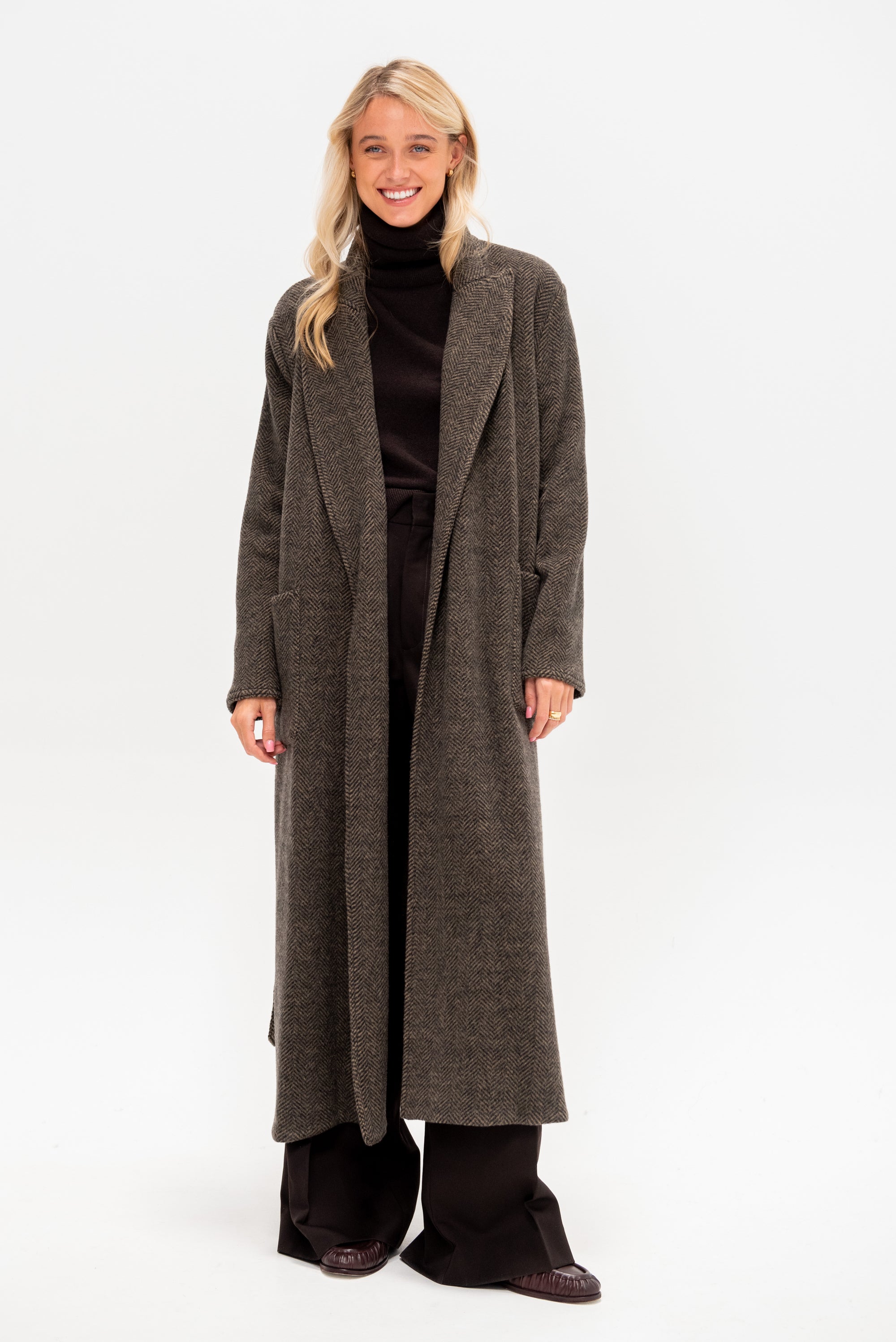 Long Coat with Patch Pocket, Herringbone