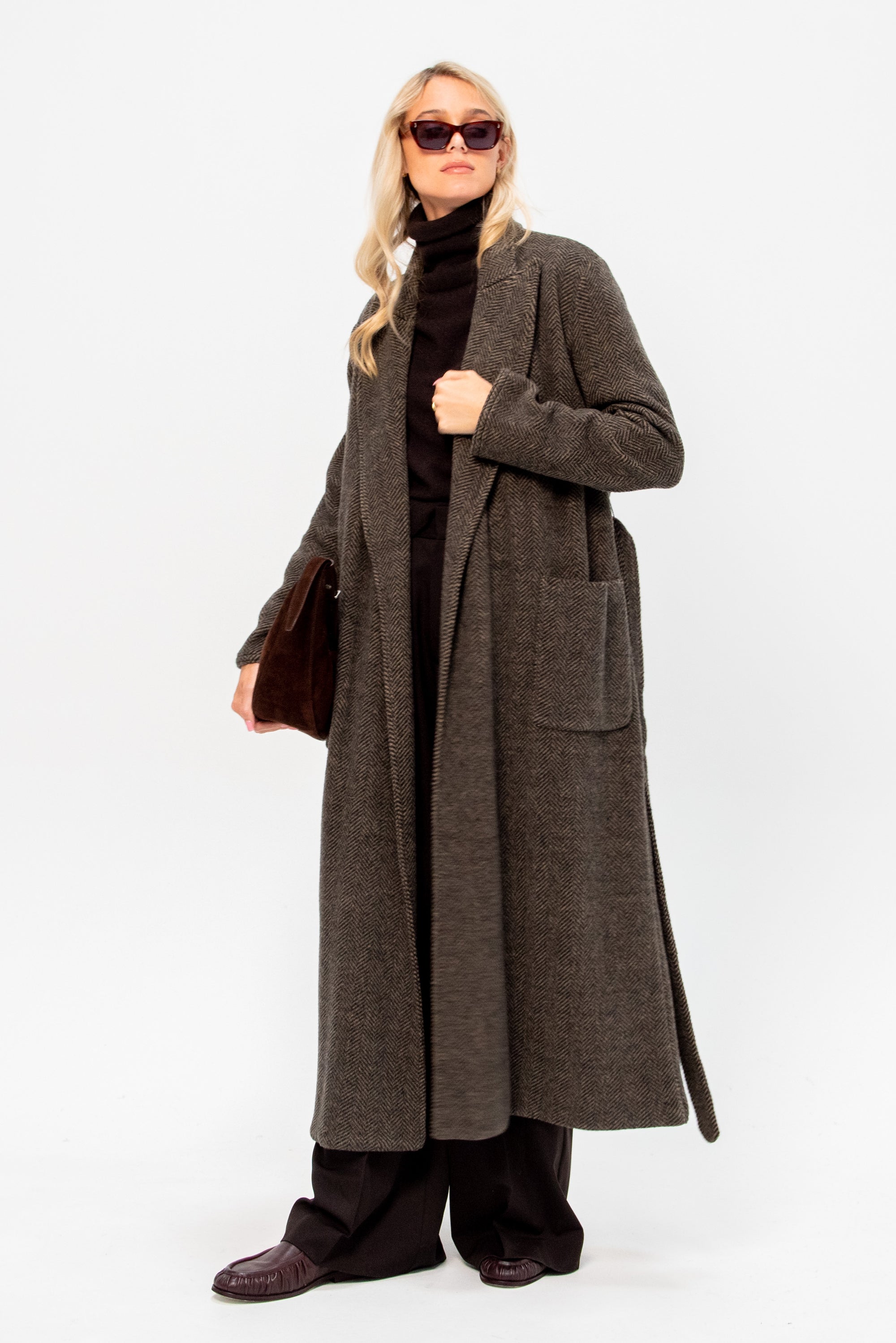 Long Coat with Patch Pocket, Herringbone