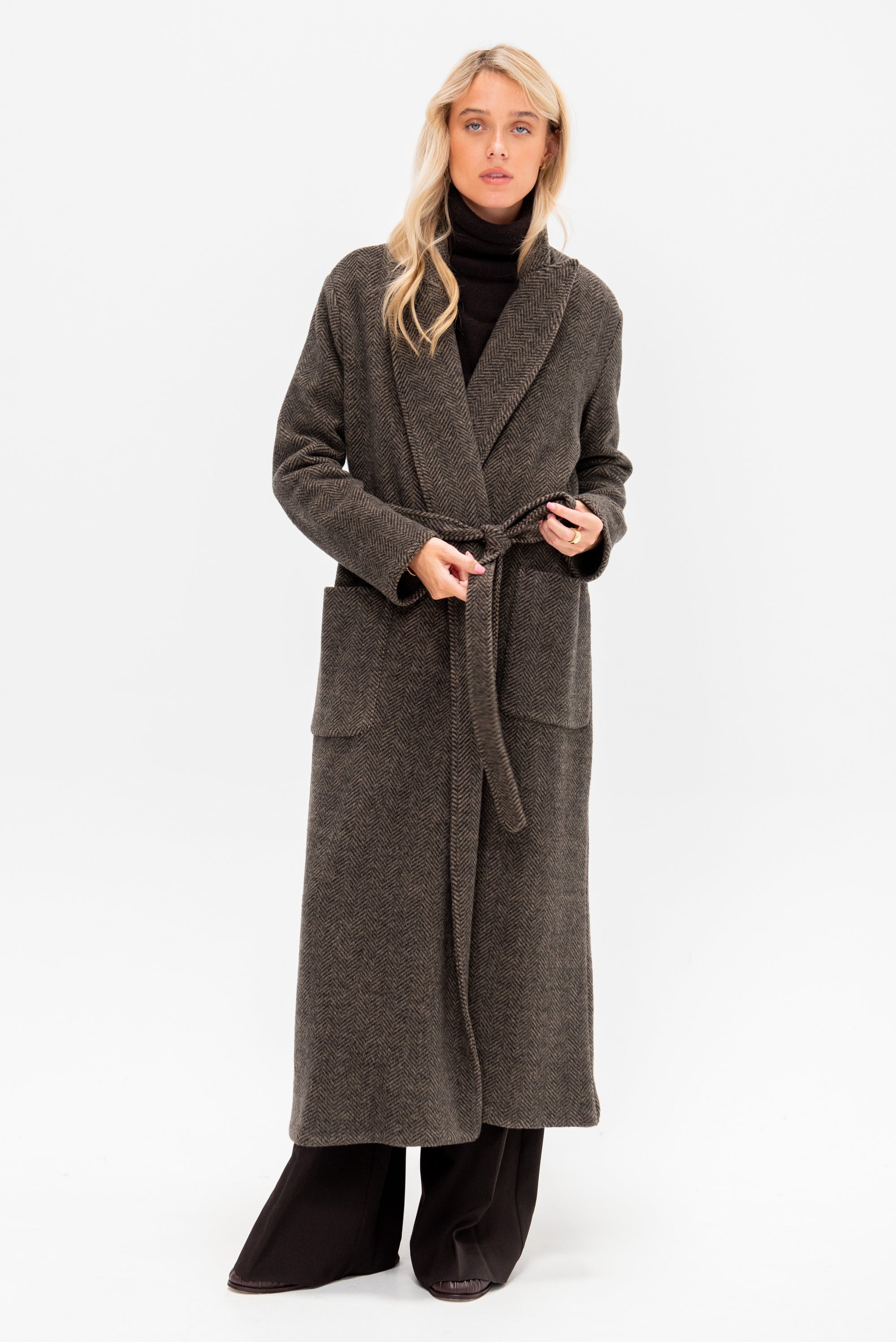 Long Coat with Patch Pocket, Herringbone
