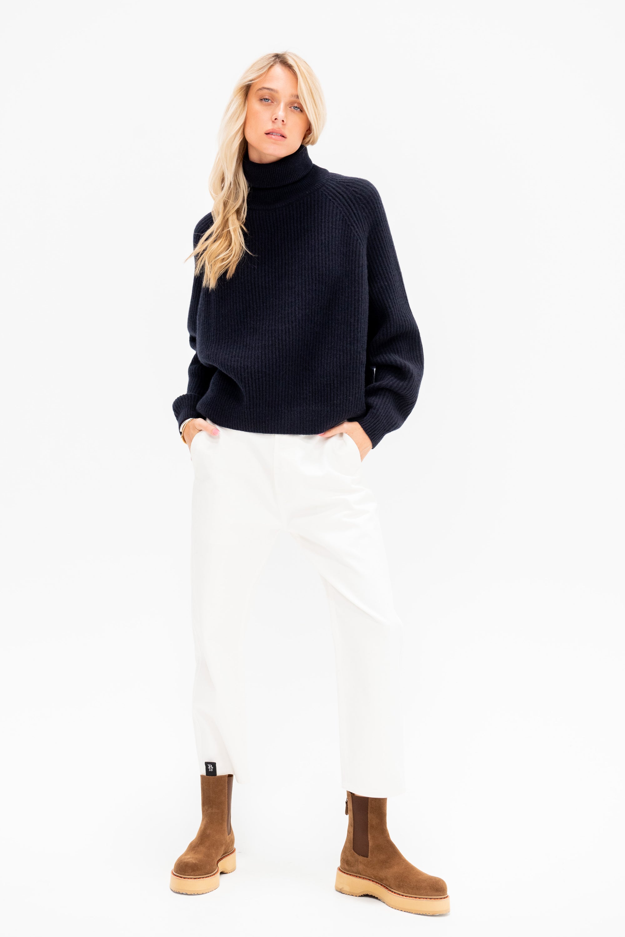 Turtleneck Ribbed Raglan Sweater, Midnight