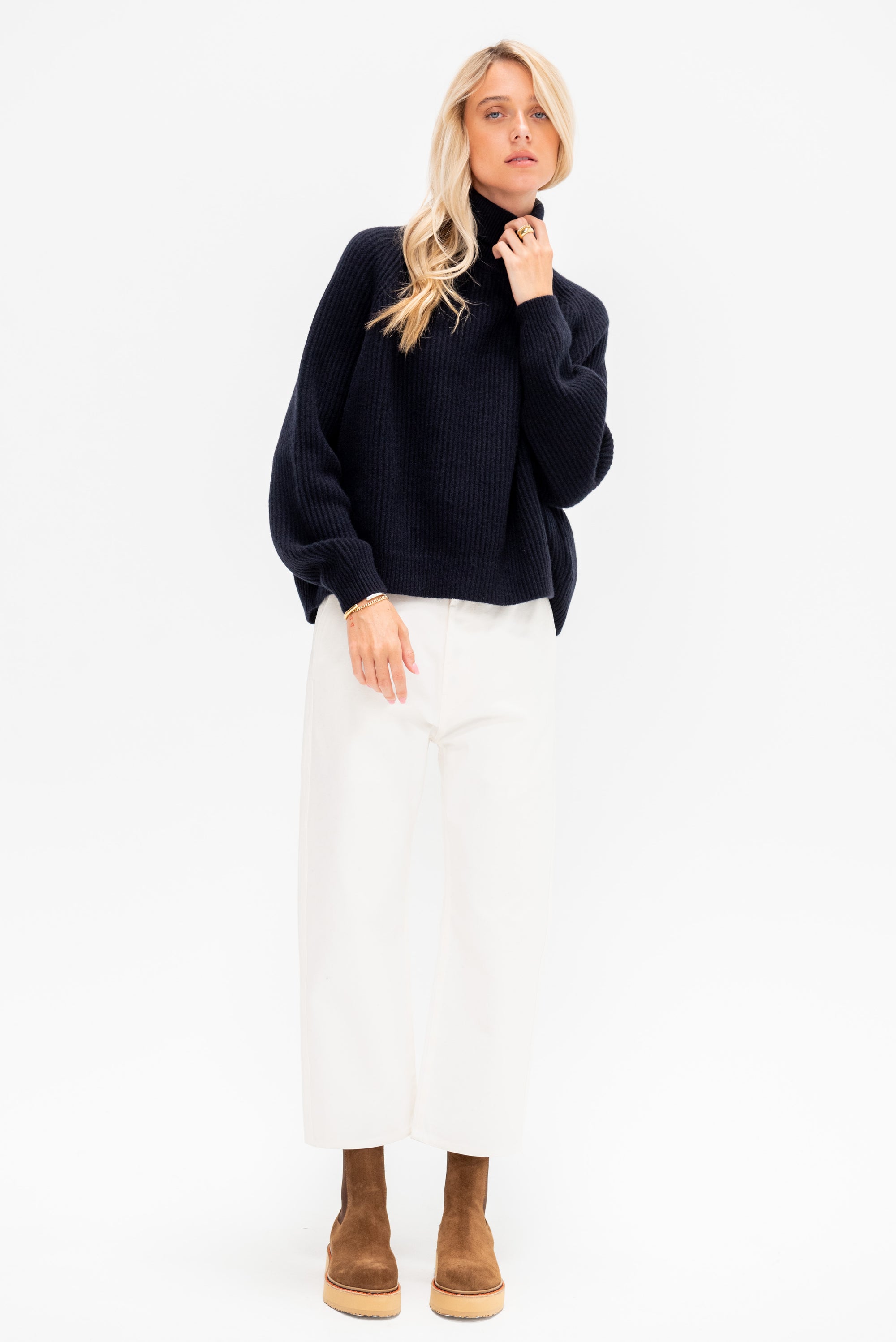 Turtleneck Ribbed Raglan Sweater, Midnight