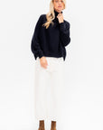 Turtleneck Ribbed Raglan Sweater, Midnight