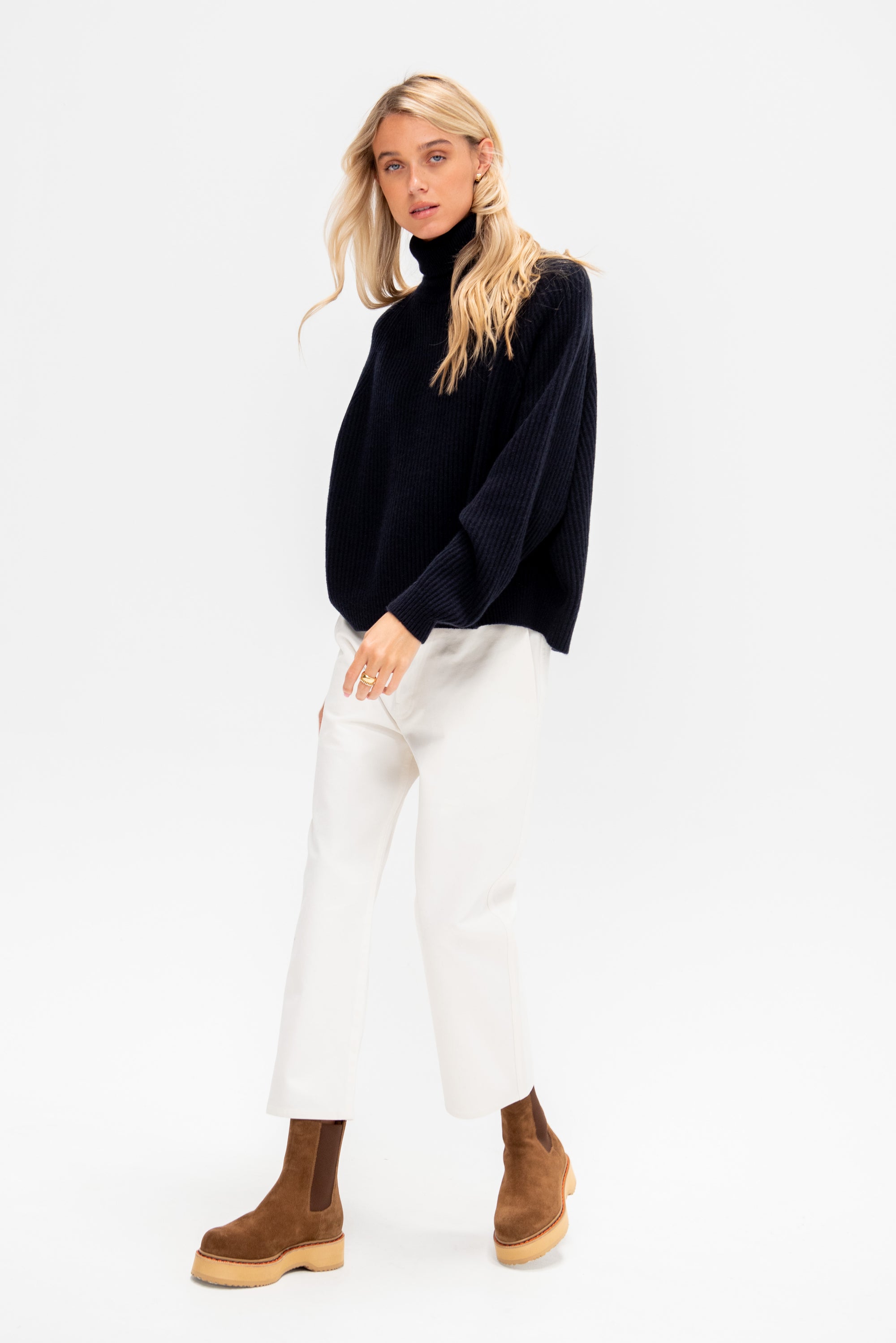 Turtleneck Ribbed Raglan Sweater, Midnight