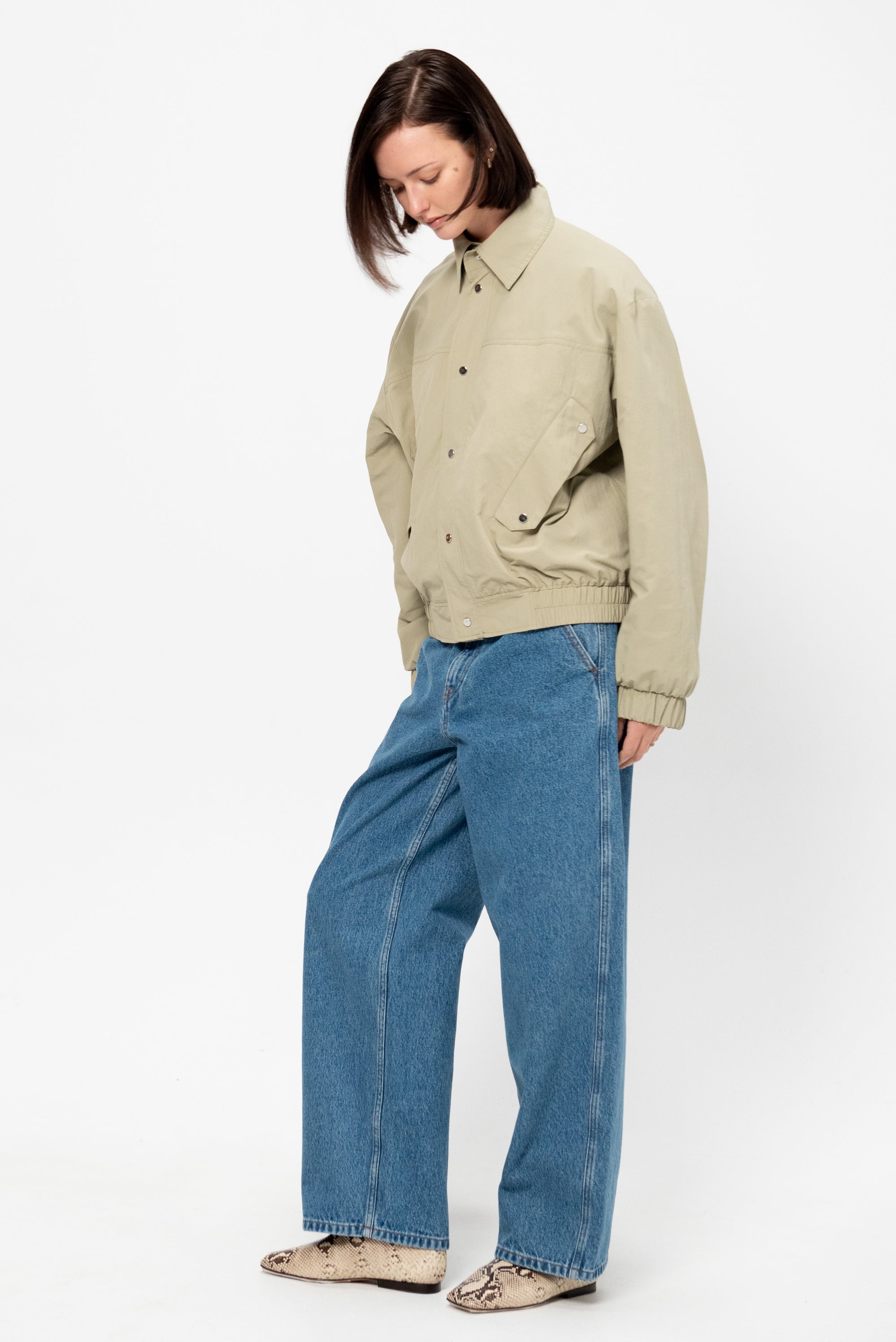 Gauchere Bomber Jacket, Sage Green Kick Pleat Gauchere Bomber Jacket, Sage Green Kick Pleat
