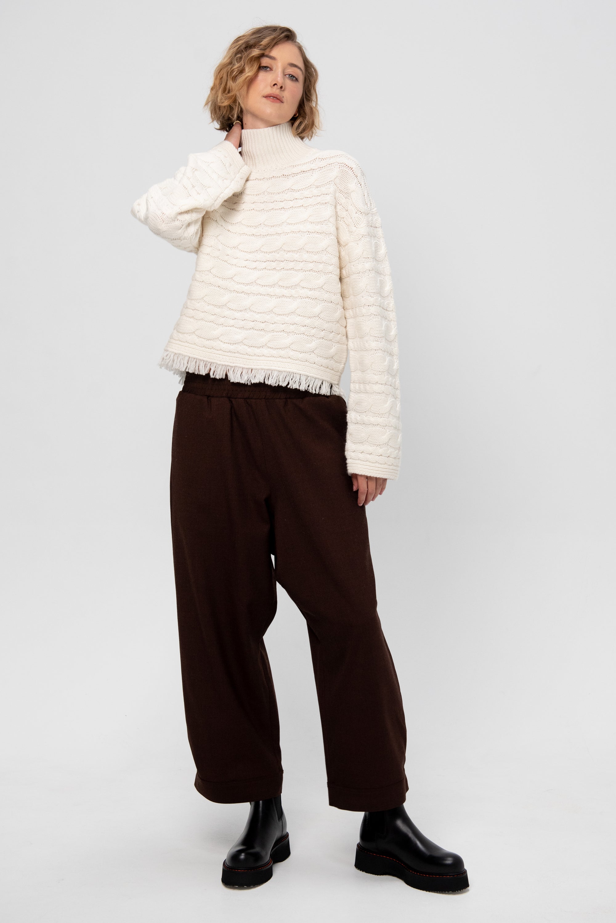 Cropped Cable Turtleneck, Cream