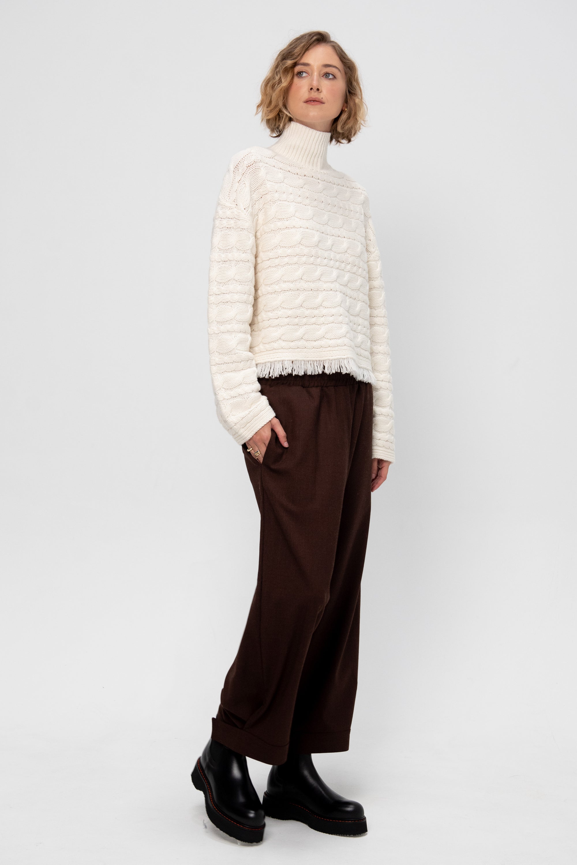 Cropped Cable Turtleneck, Cream