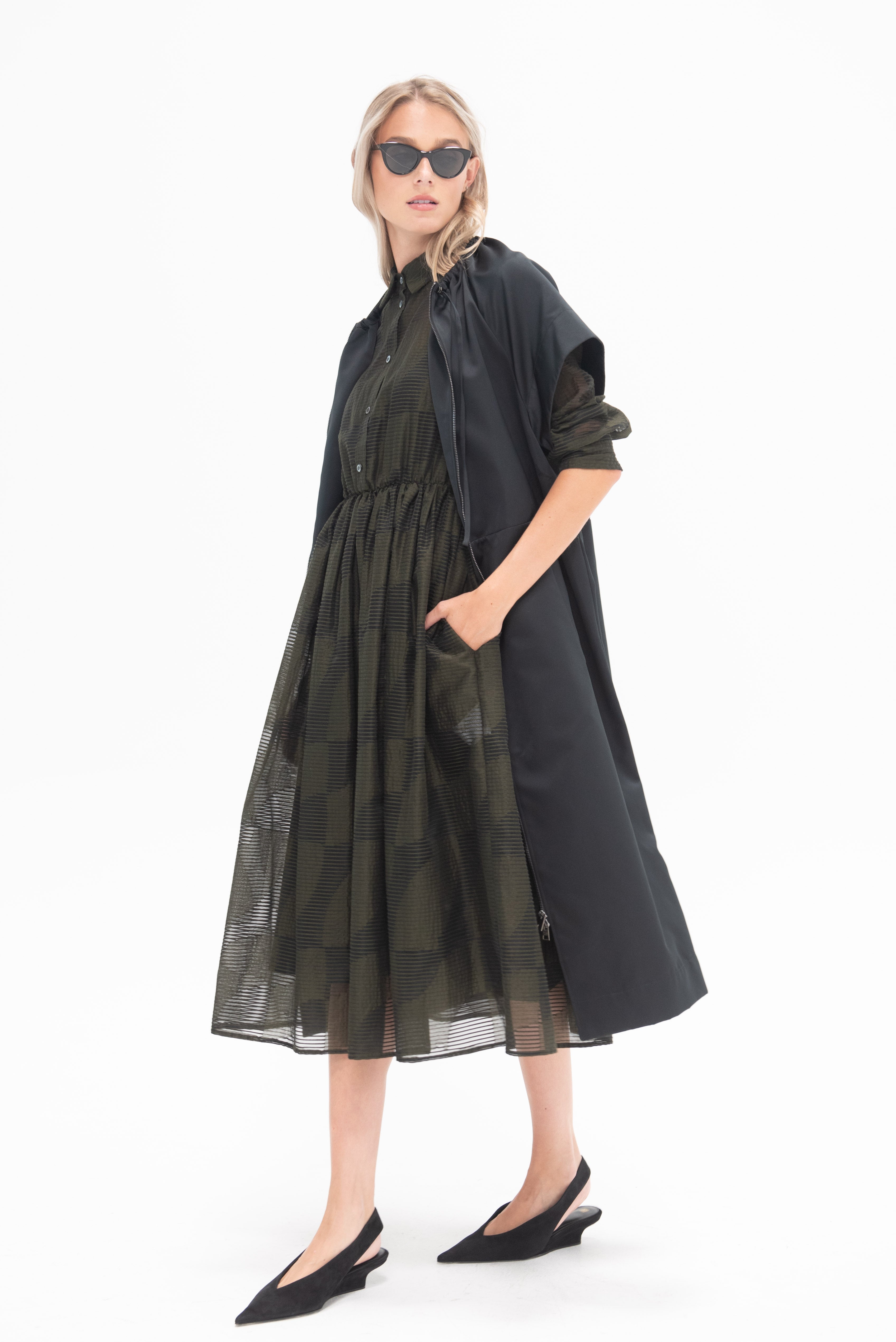 Hache Arriccio Dress Military Green Kick Pleat