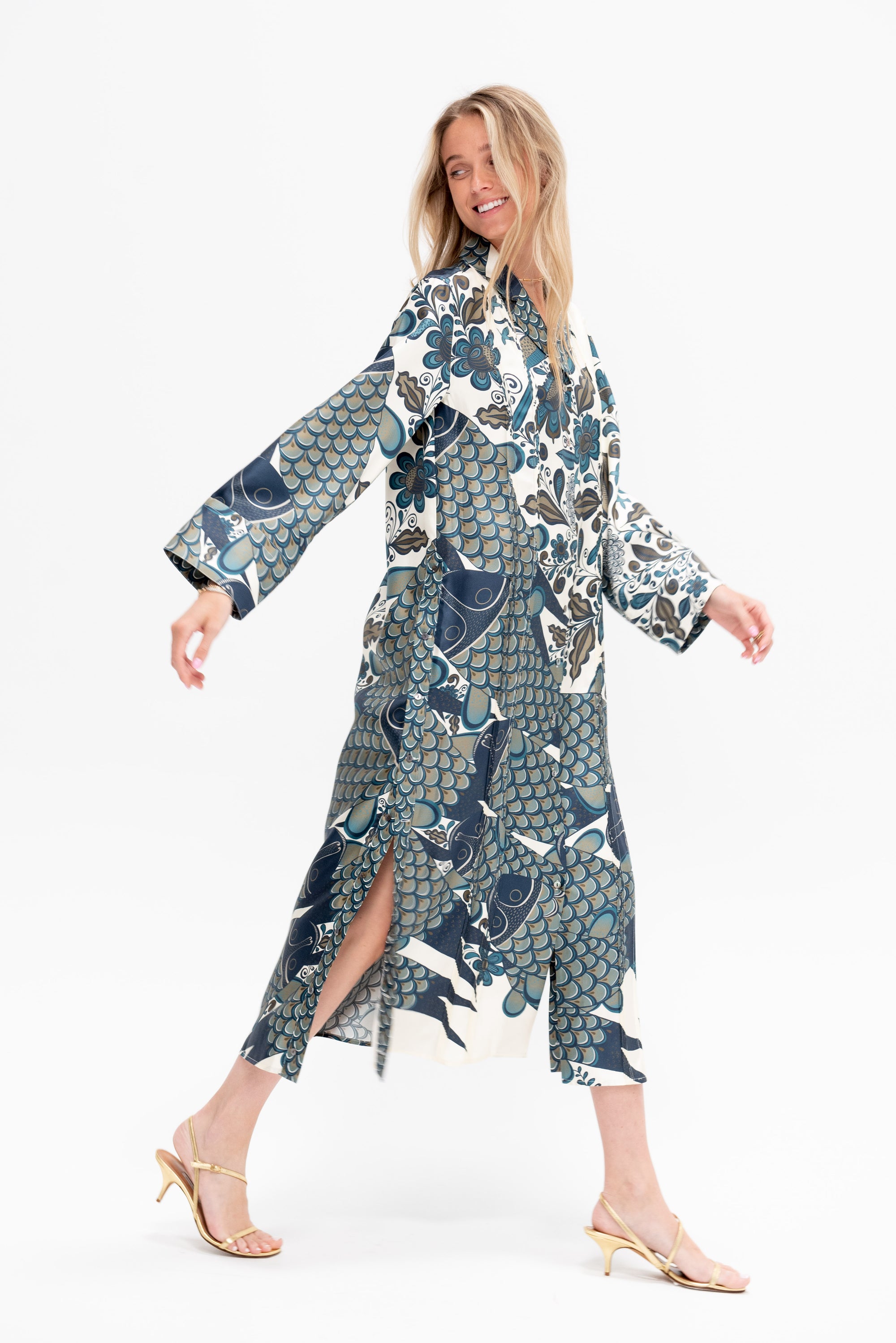 Angel Santos Dress, Ivory &amp; Blue Green Multi