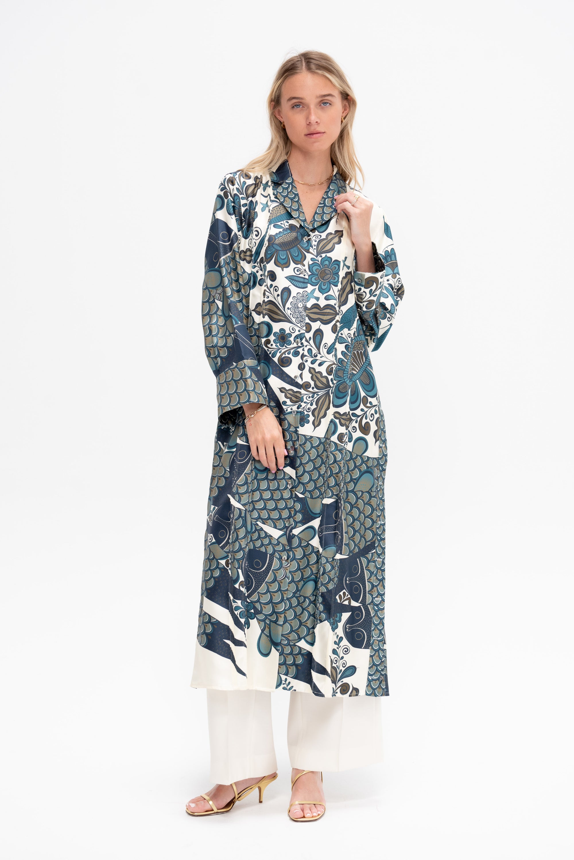 Angel Santos Dress, Ivory &amp; Blue Green Multi
