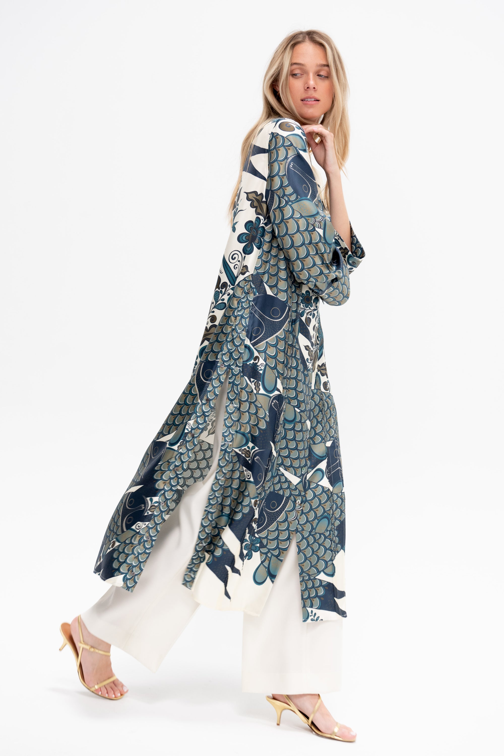 Angel Santos Dress, Ivory &amp; Blue Green Multi
