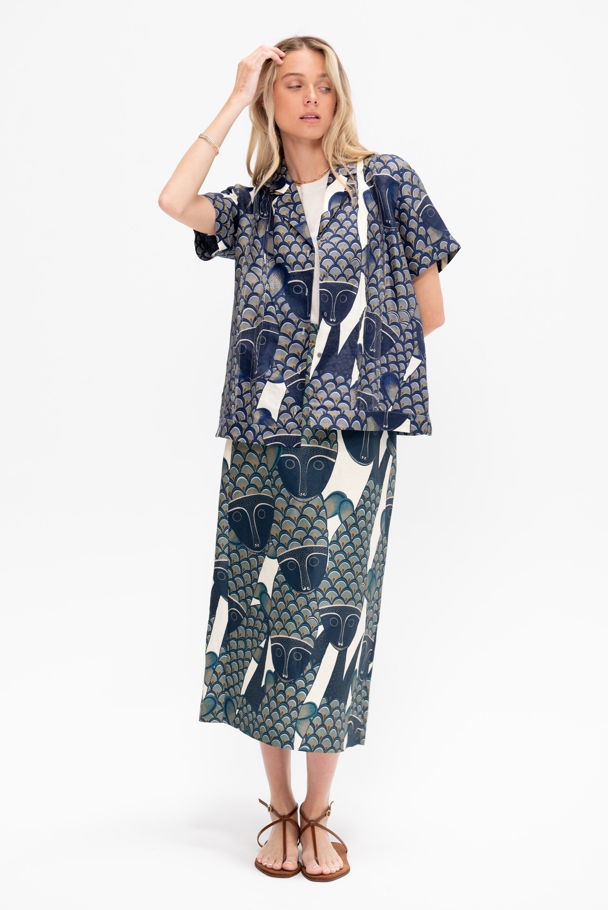 Lexi Skirt Santos Print, Ivory &amp; Blue Multi