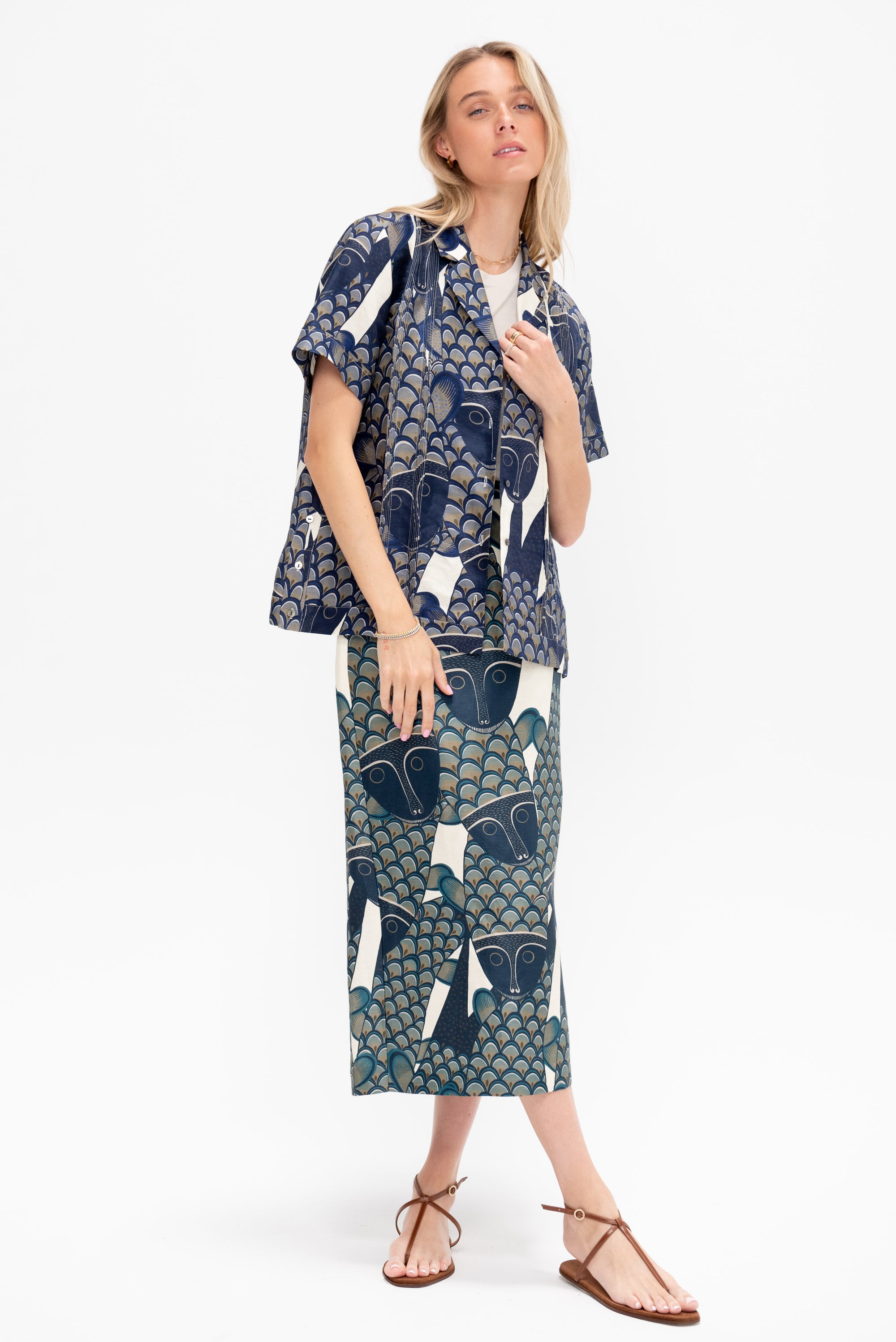 Lexi Skirt Santos Print, Ivory &amp; Blue Multi