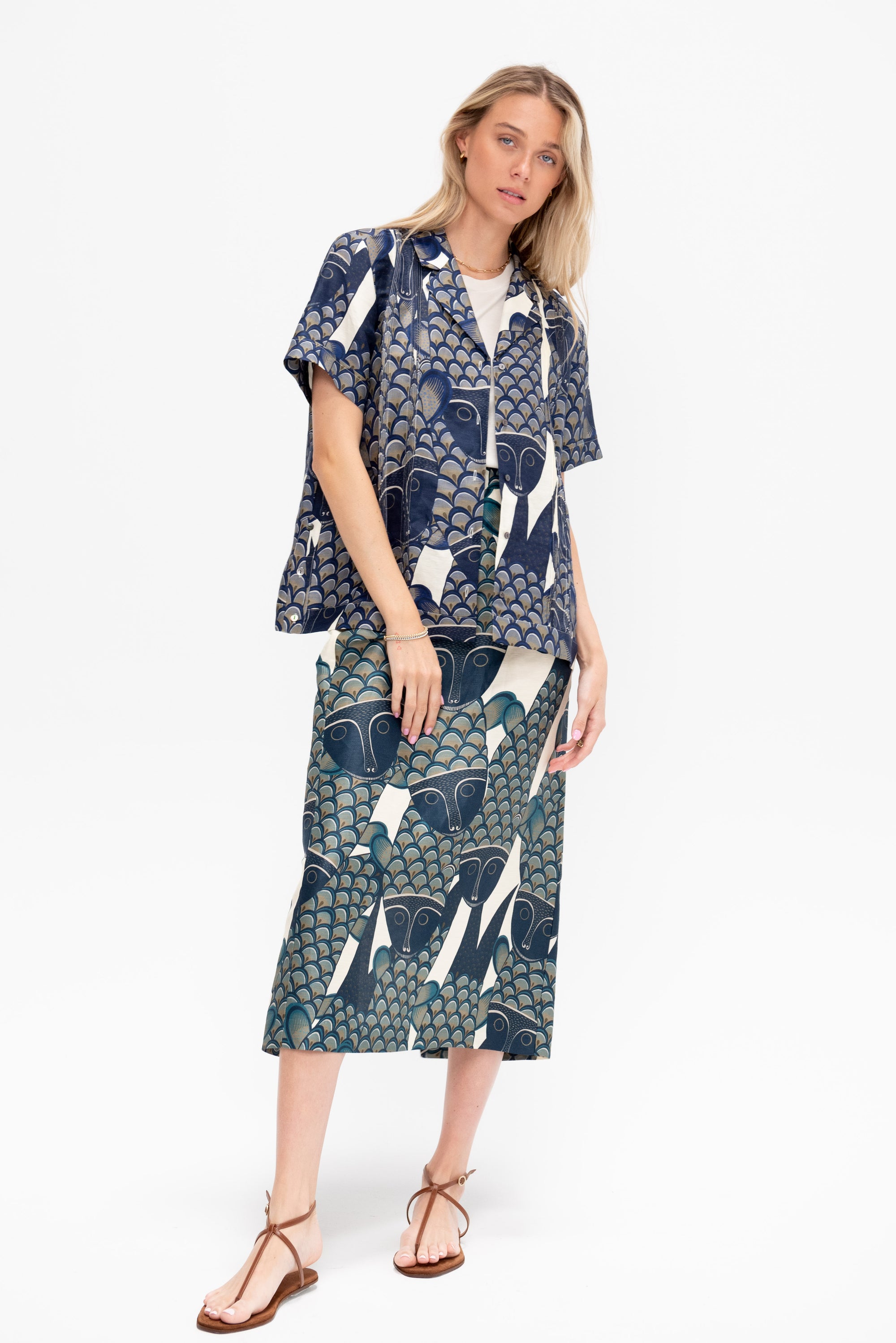 Lexi Skirt Santos Print, Ivory &amp; Blue Multi