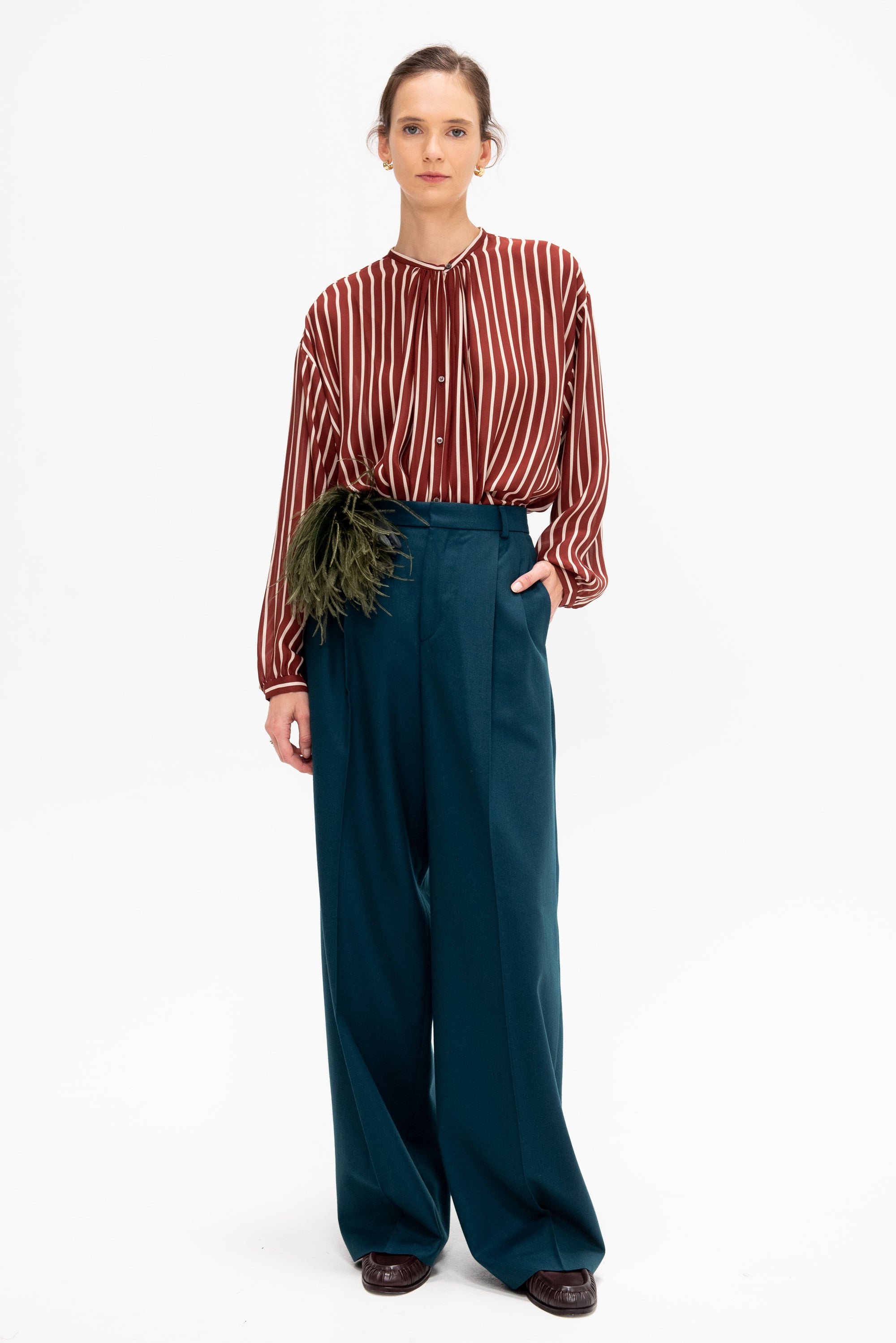 Adour - Striped Silk Satin Blouse, Ivory &amp; Brown