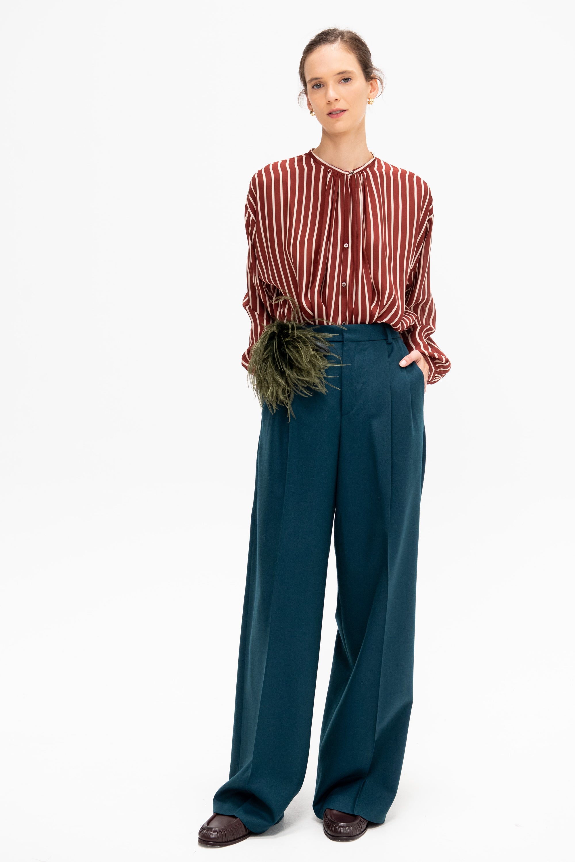 Adour - Striped Silk Satin Blouse, Ivory &amp; Brown