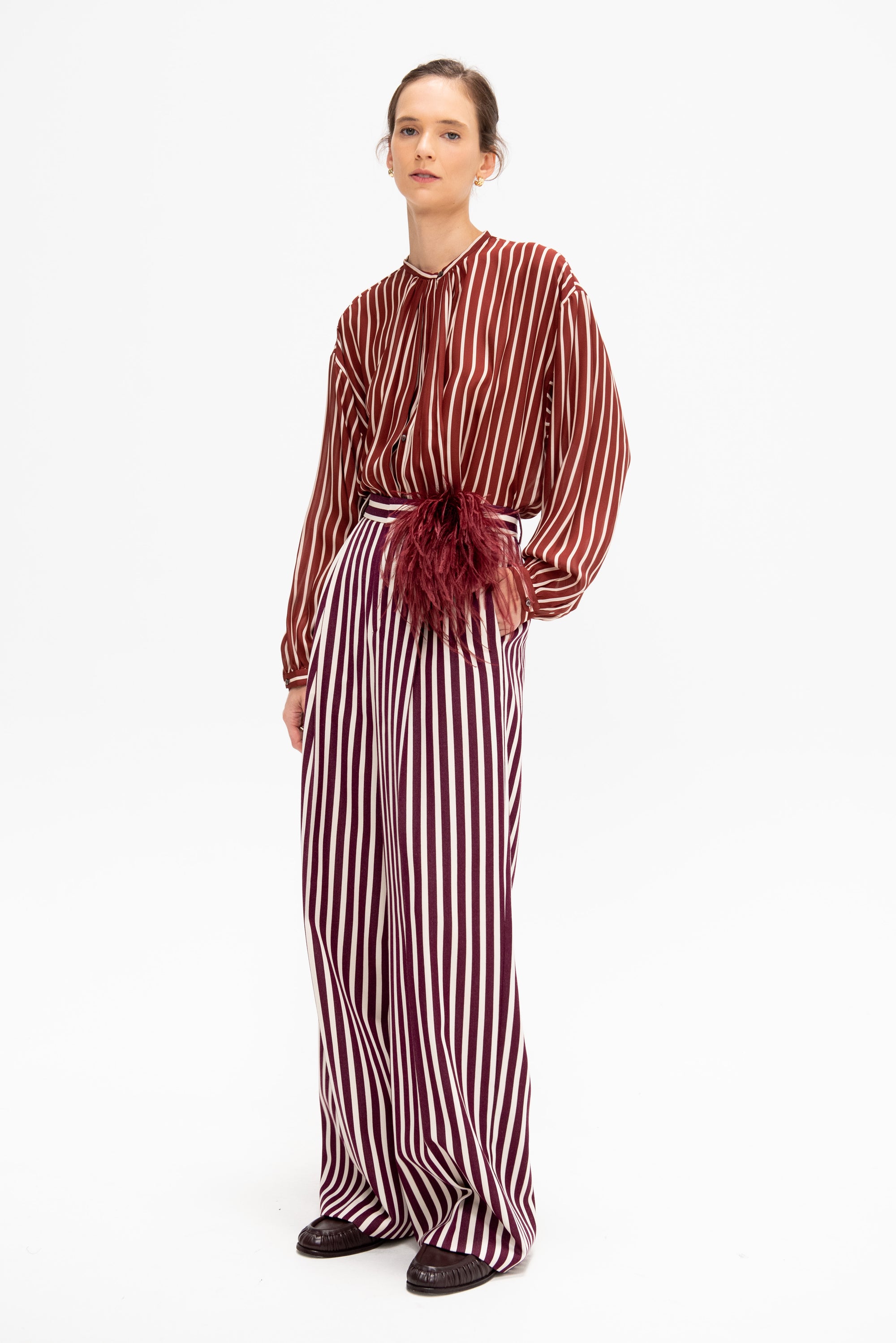 Léna - Striped English Wool Trousers, Ecru &amp; Burgundy