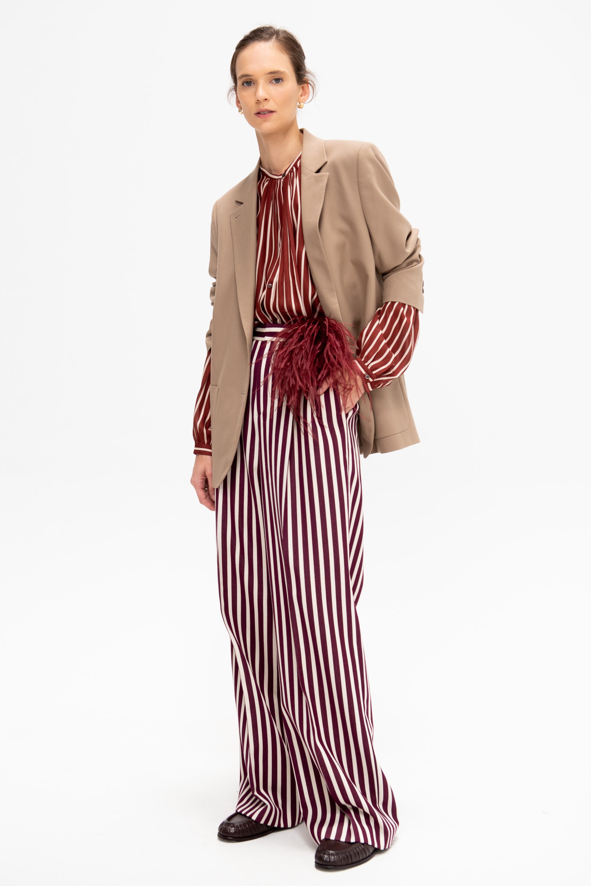 Léna - Striped English Wool Trousers, Ecru &amp; Burgundy
