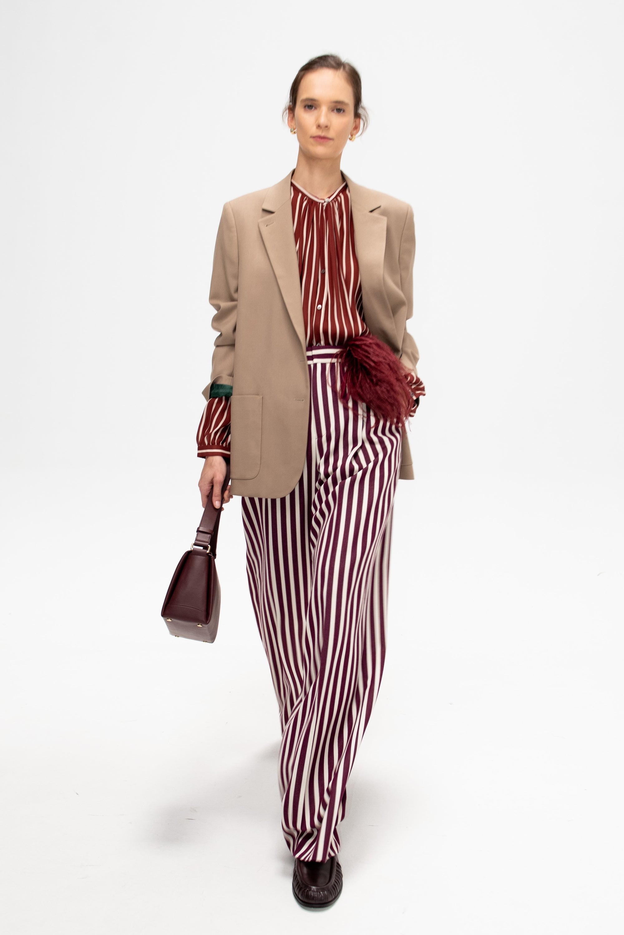 Léna - Striped English Wool Trousers, Ecru &amp; Burgundy