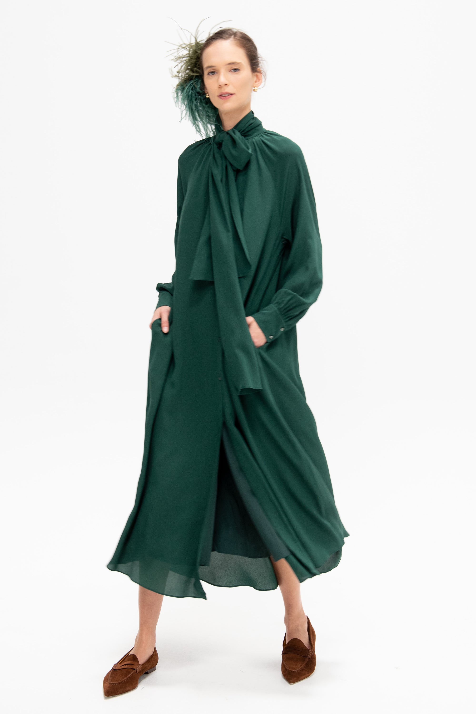 Rhine - Silk Crepe Bow Dress, Forest