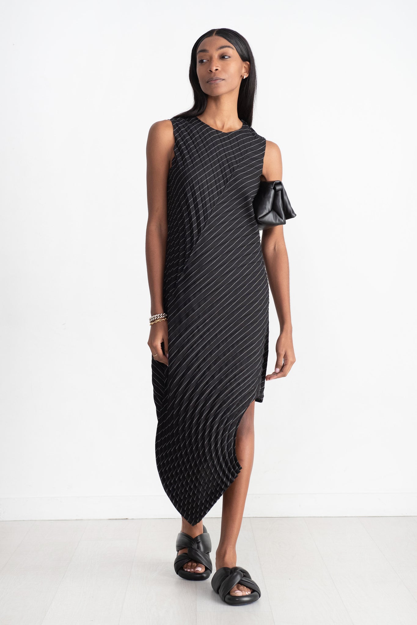 Issey Miyake - Curved Pleats Dress, Black Hued Stripe
