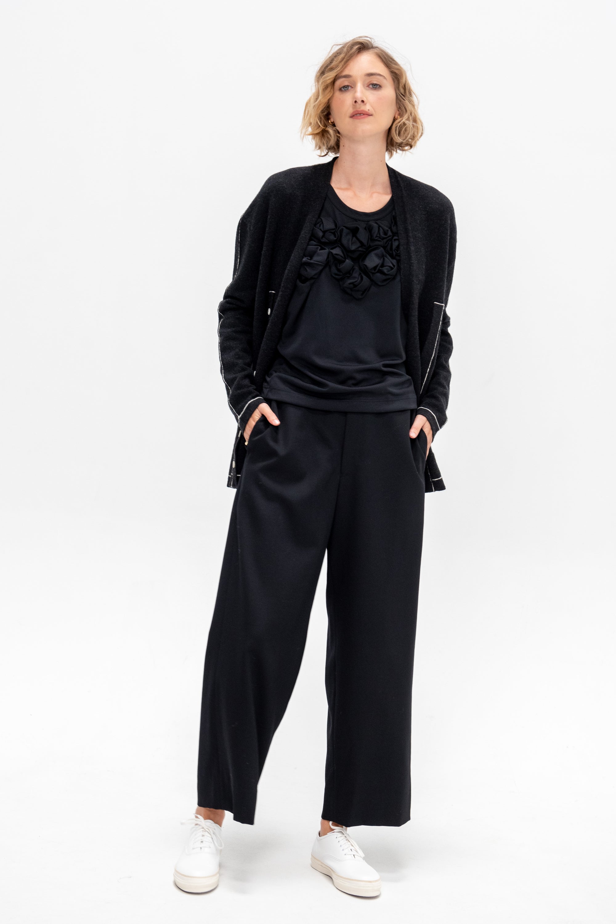 Stitch Button Cardigan, Black Melange
