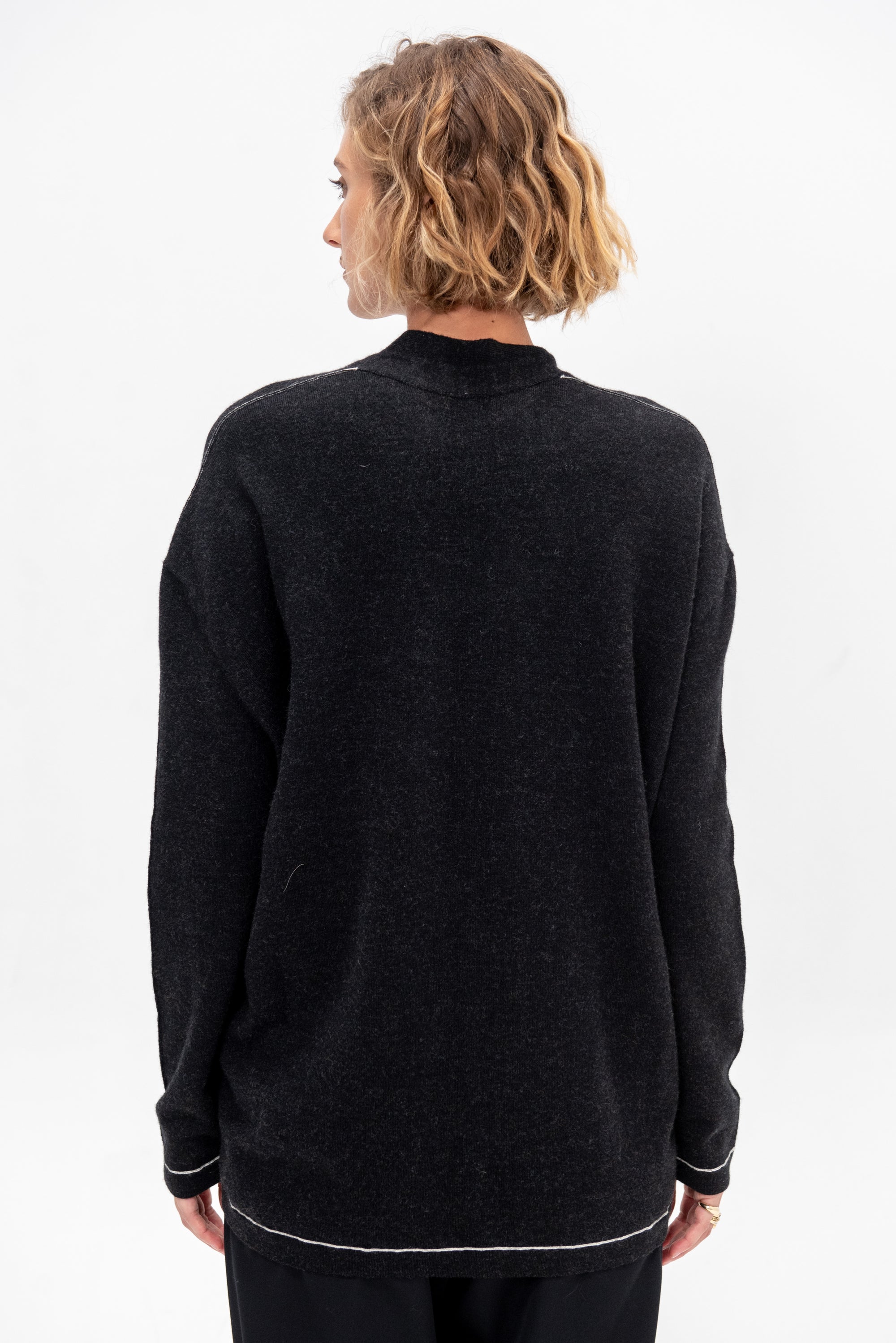 Stitch Button Cardigan, Black Melange