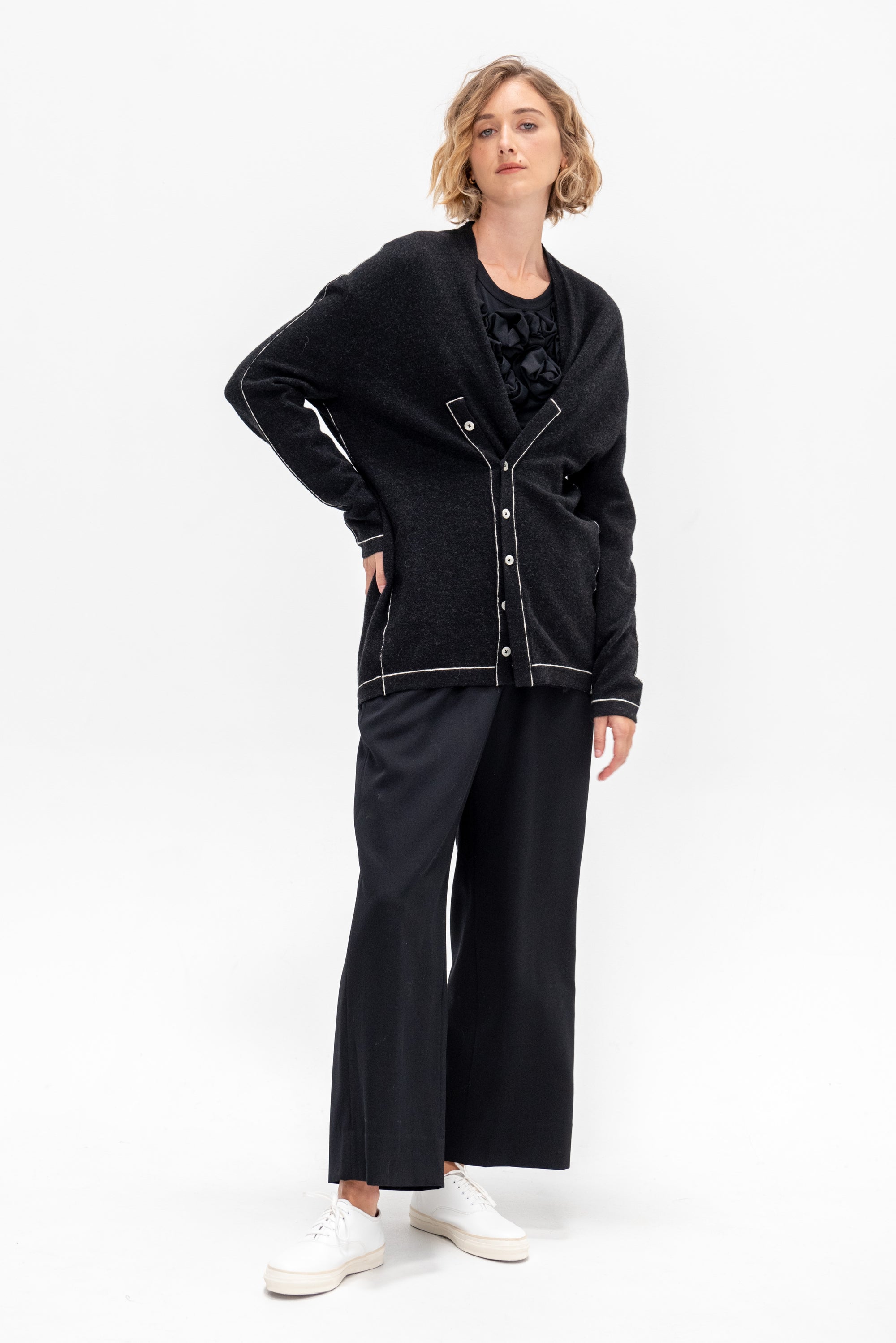 Stitch Button Cardigan, Black Melange