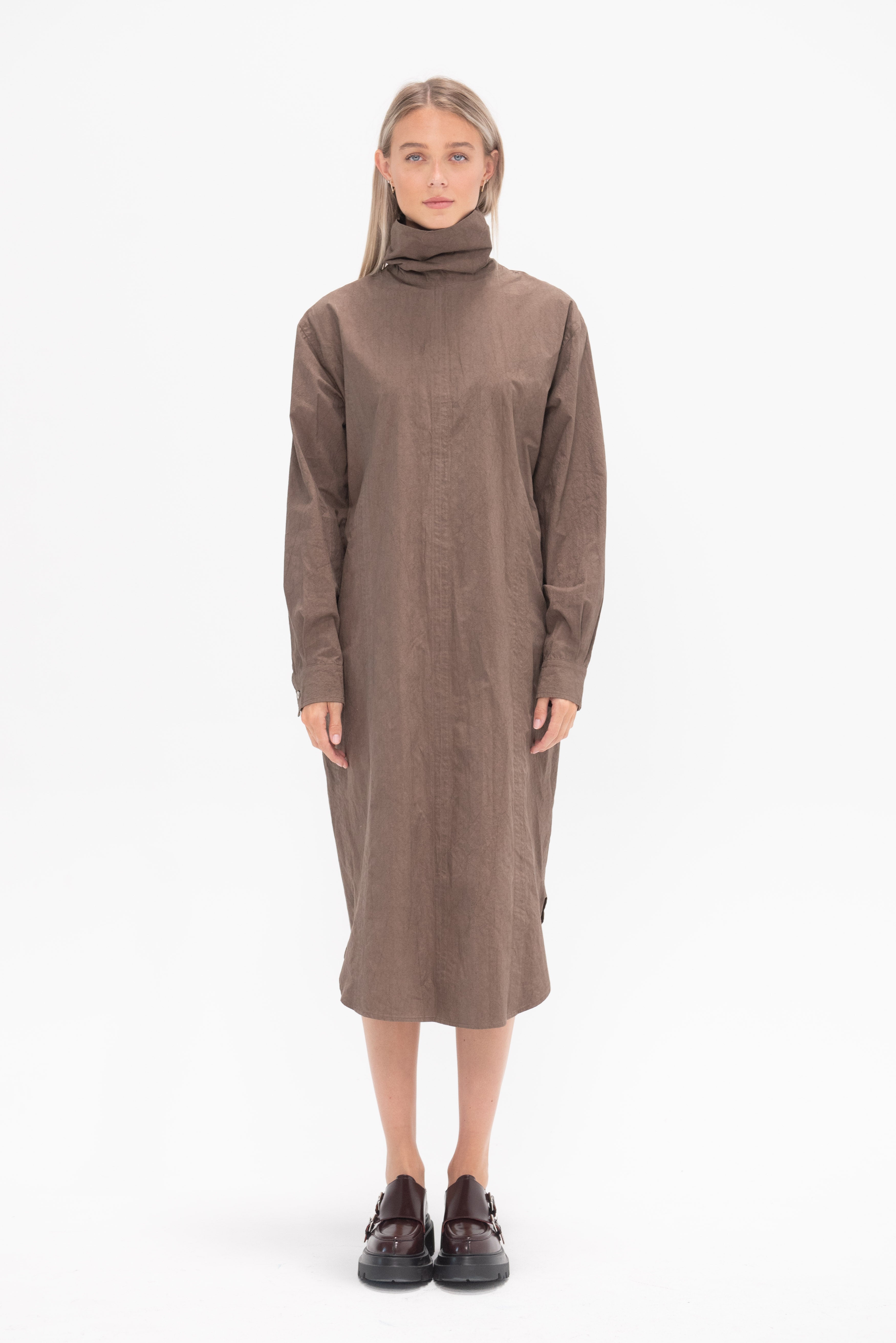 Lauren Manoogian Soft Collar Shirt Dress Cocoa Kick Pleat