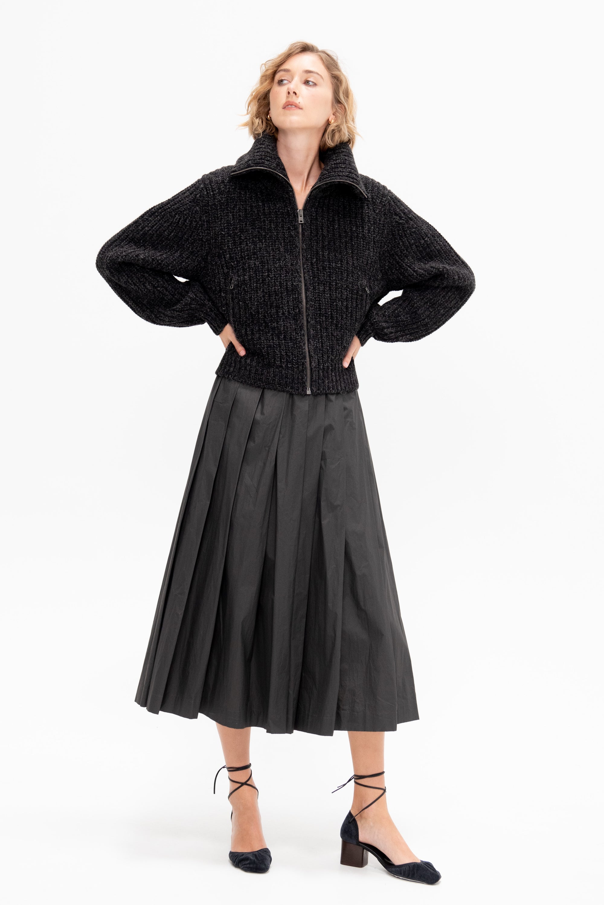 Zipped Cardigan, Black &amp; Mink Brown