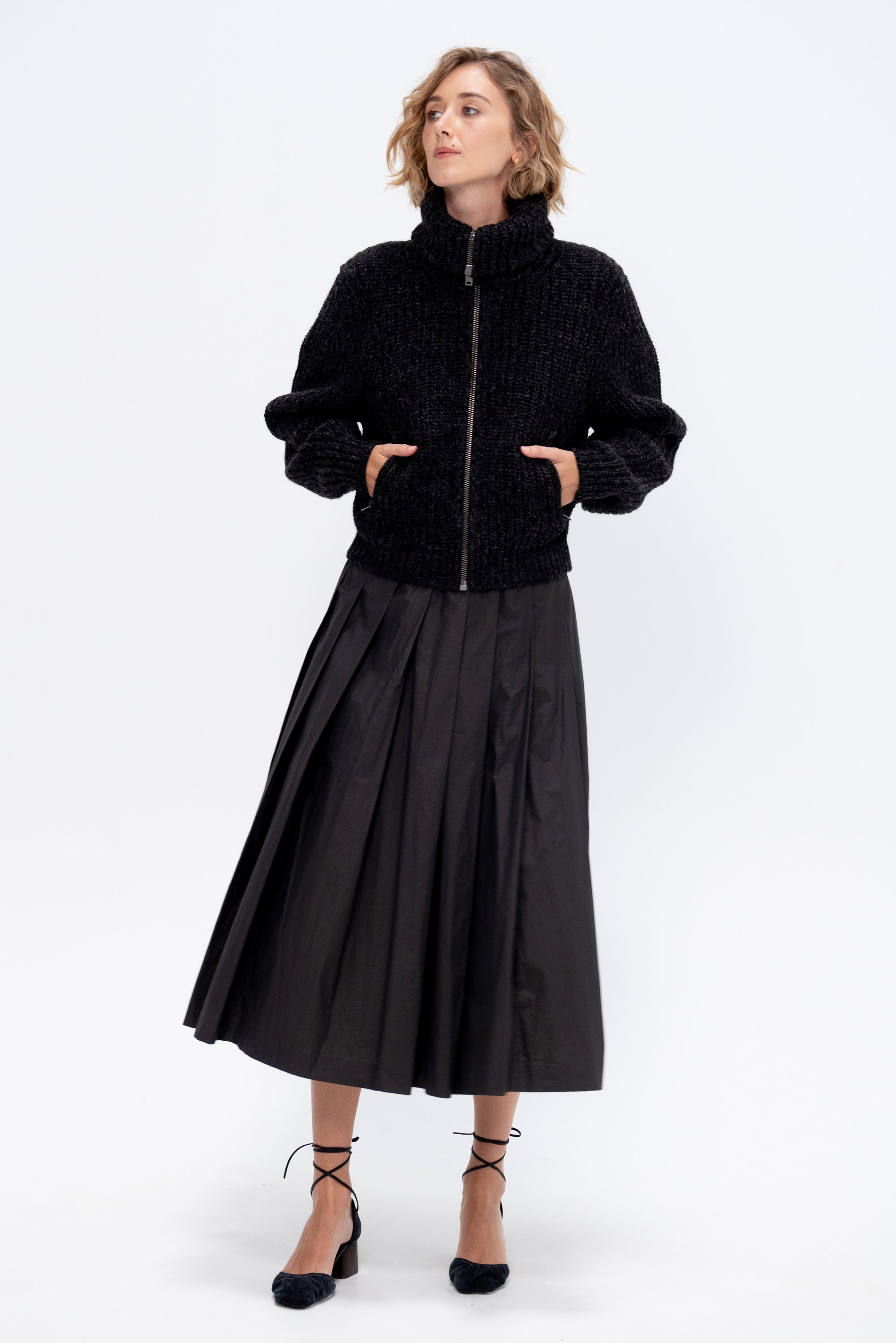 Zipped Cardigan, Black &amp; Mink Brown