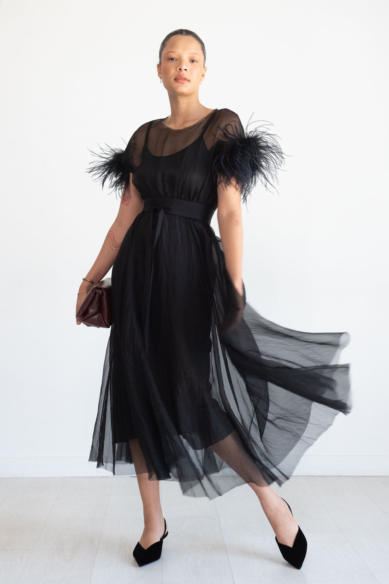 Louiza Babouryan - Organza Dress with Feather, Black