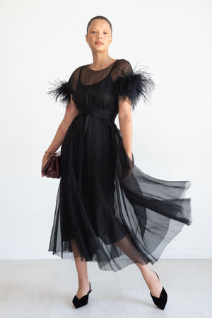 Louiza Babouryan - Organza Dress with Feather, Black