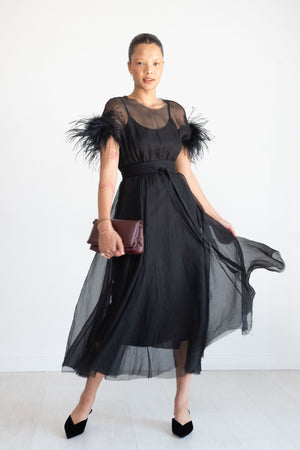 Louiza Babouryan - Organza Dress with Feather, Black