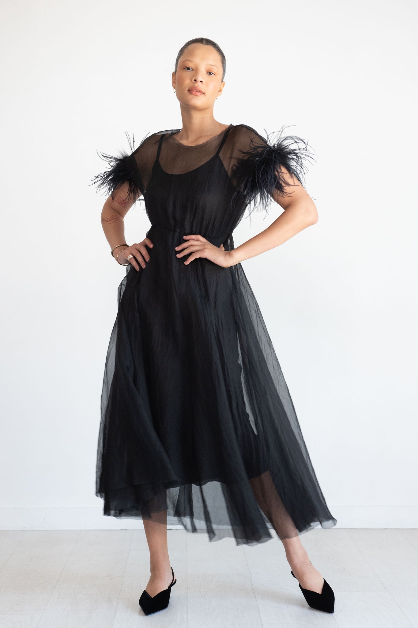 Louiza Babouryan - Organza Dress with Feather, Black