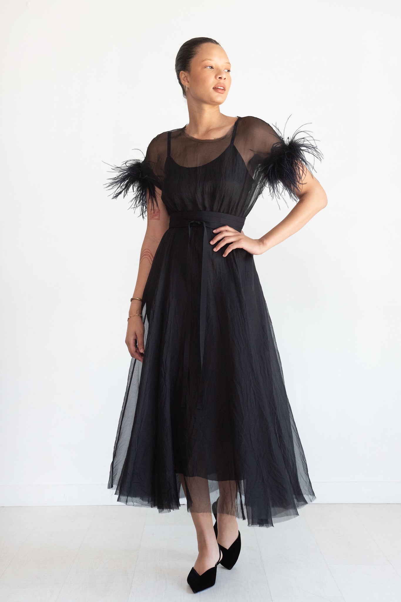 Louiza Babouryan - Organza Dress with Feather, Black