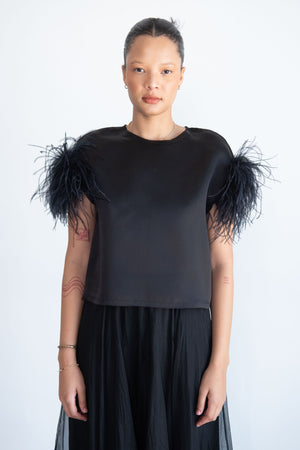 Louiza Babouryan - Satin Organza Top with Feathers, Black
