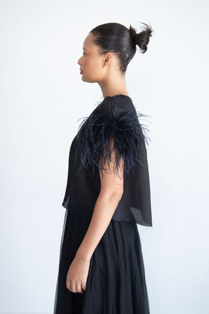 Louiza Babouryan - Satin Organza Top with Feathers, Black