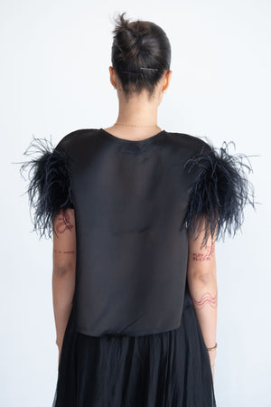 Louiza Babouryan - Satin Organza Top with Feathers, Black
